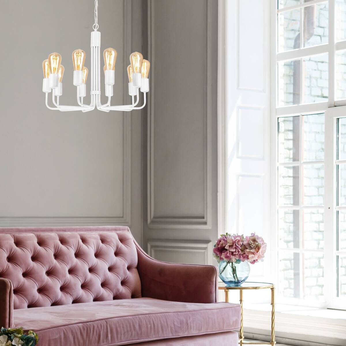 Lamkur Pendelleuchte weiß Stahl B/H/L: ca. 54x98x54 cm E27 10 Brennstellen