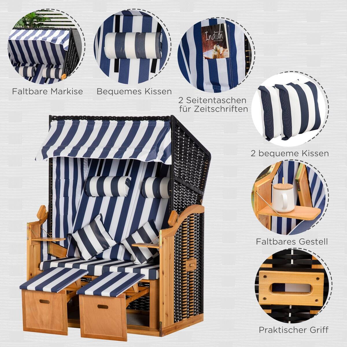 Outsunny Strandkorb blau Holz B/H/L: ca. 79x118x160 cm