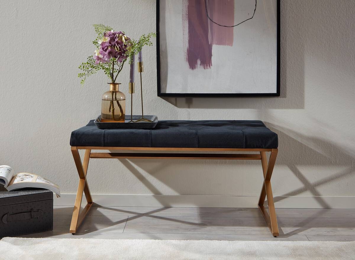 Sitzbank schwarz gold lackiert Edelstahl Samt B/H/T: ca. 90x46x44 cm