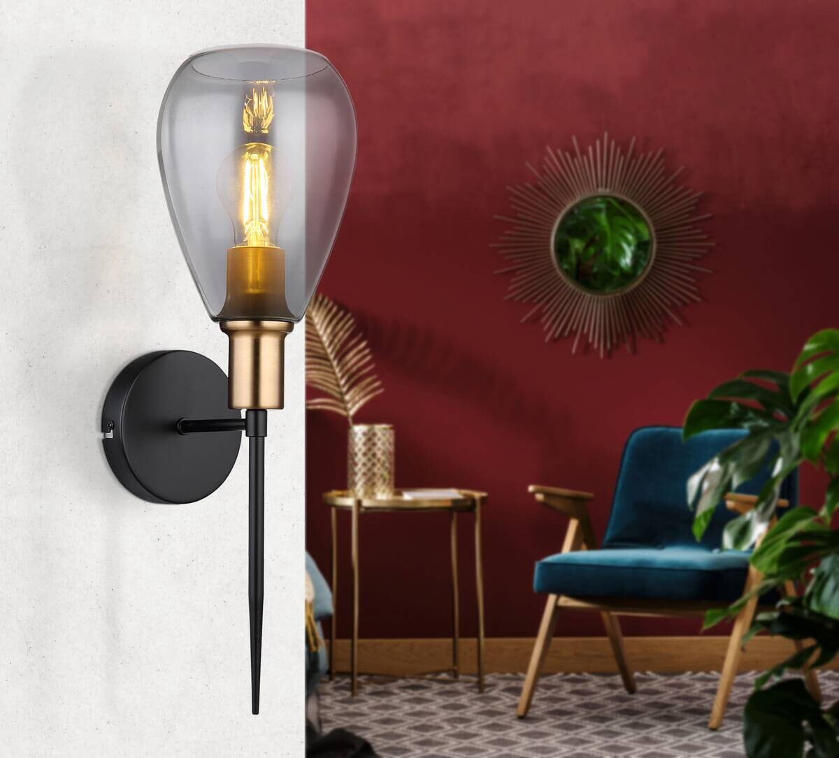 GLOBO Wandleuchte schwarz Rauch Glas Metall B/H: ca. 15x48 cm E27 1 Brennstellen