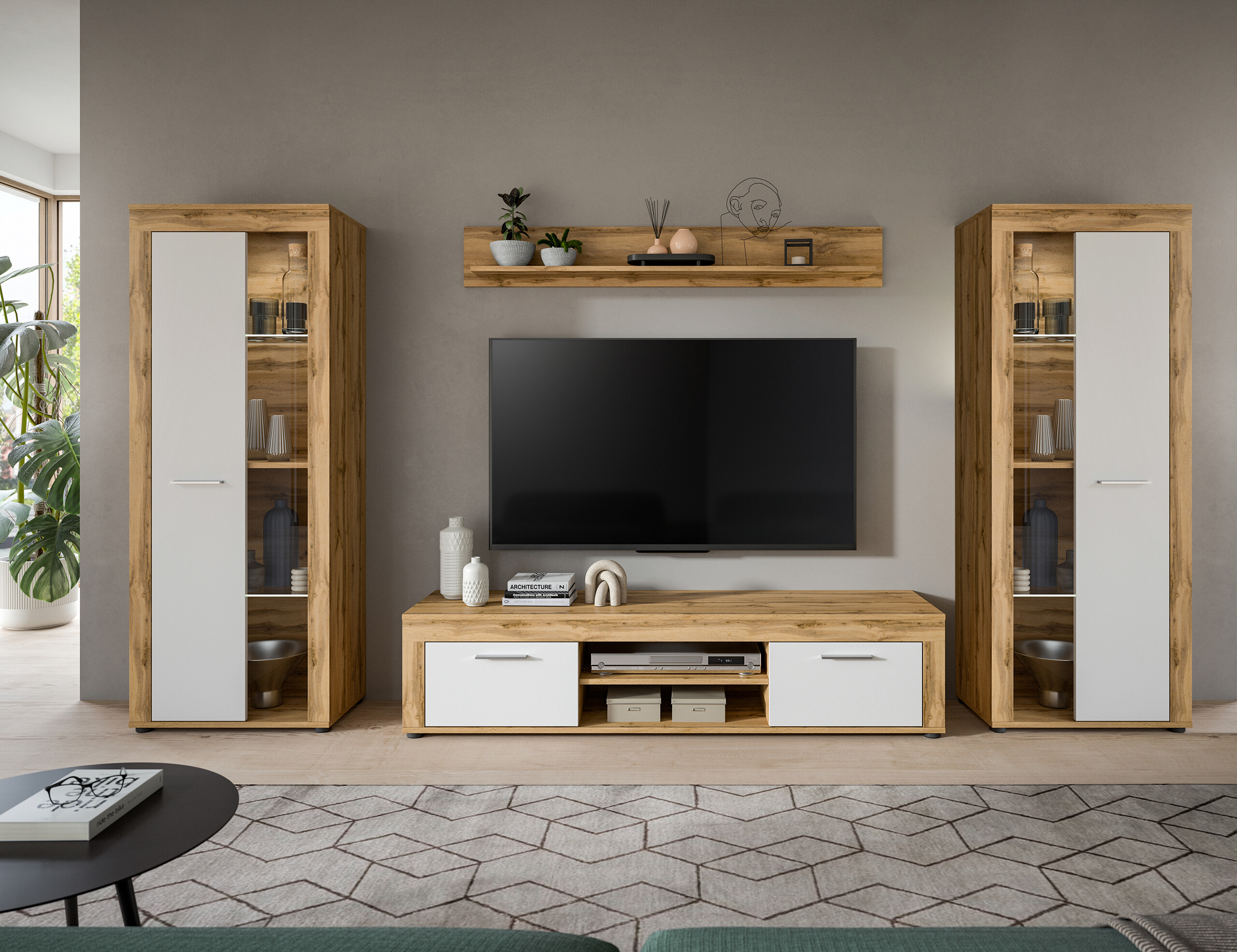 Wohnwand Jam Eiche Wotan Nachbildung weiß B/H/T: ca. 310x159x35 cm Wohnwand Jam Eiche Wotan Nachbildung weiß B/H/T: ca. 310x159x35 cm