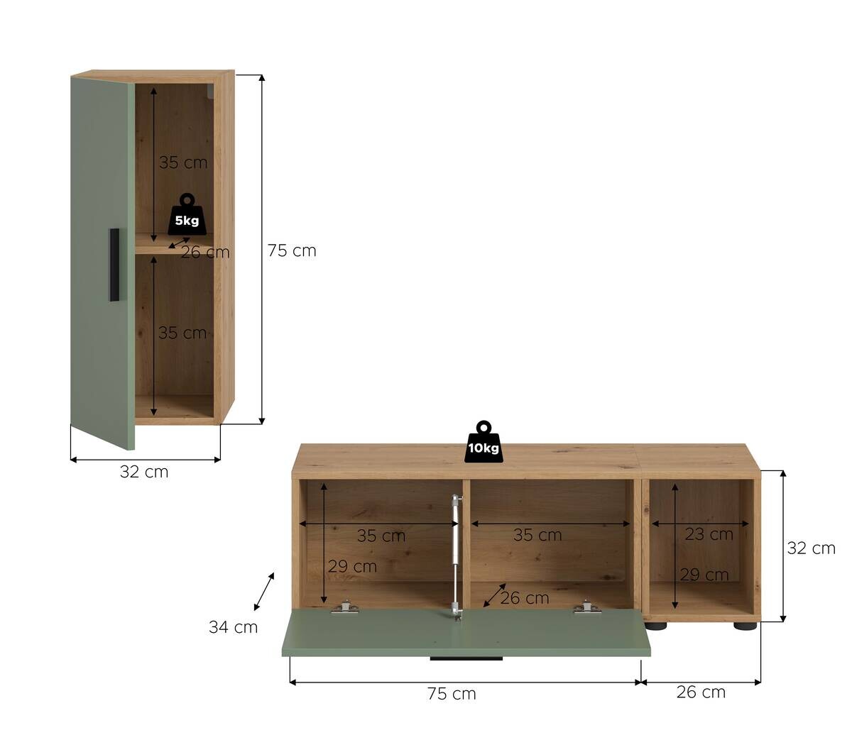 Wohnwand-Set TheOne Eiche Artisan Nachbildung grün B/H/T: ca. 75x32x34 cm