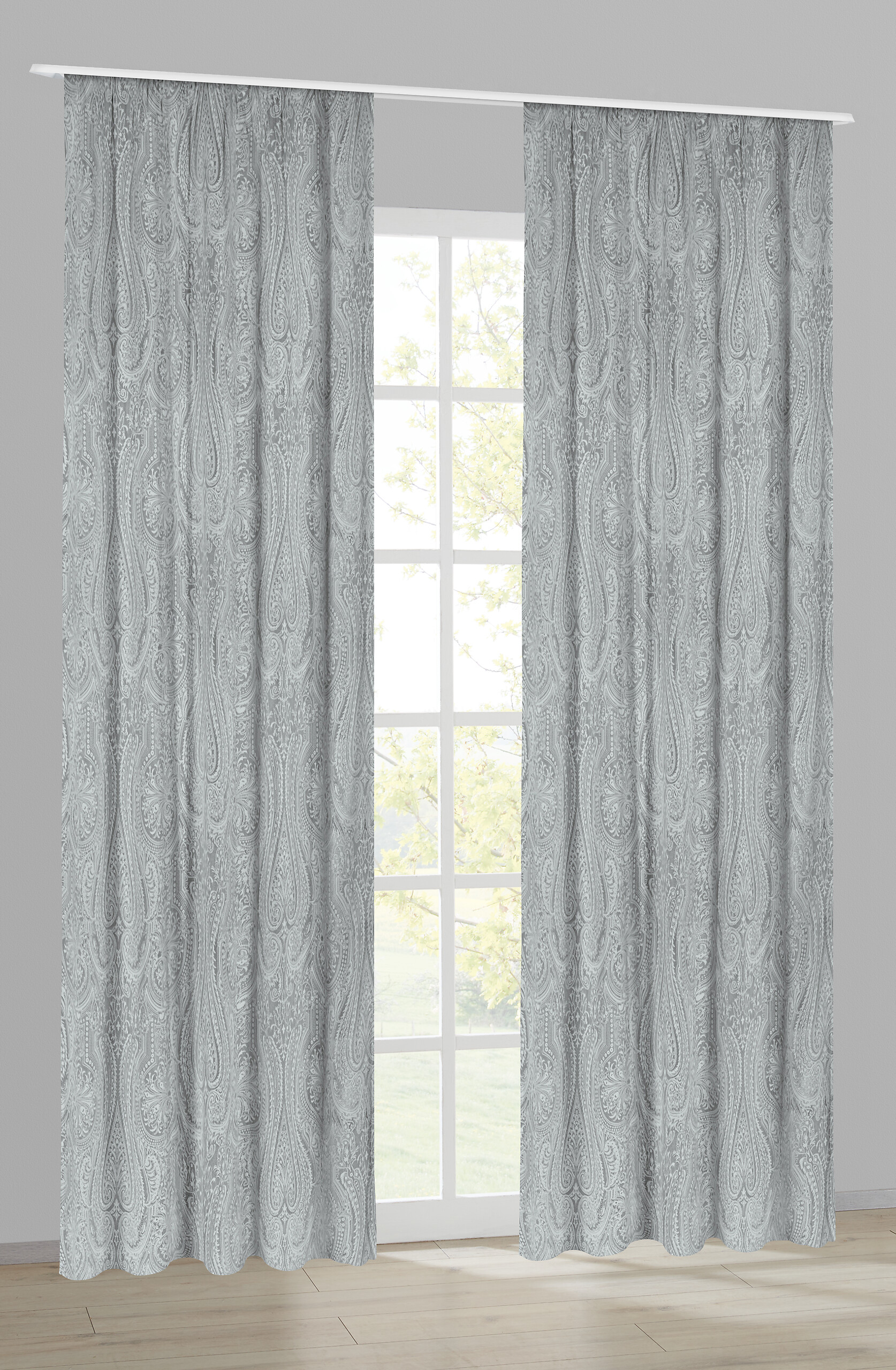 Dekovorhang Paisley silber B/L: ca. 140x245 cm