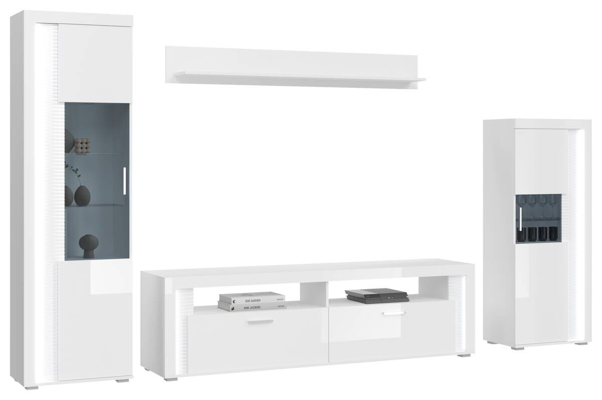 Wohnwand SKYLIGHT weiß weiß Hochglanz Pasol grau B/H/T: ca. 351x202x46 cm