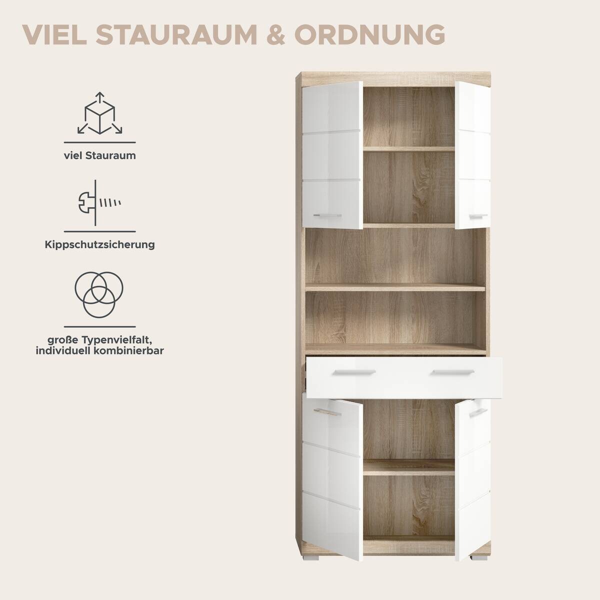 Badhochschrank Lambada Eiche Sonoma Nachbildung weiß Hochglanz B/H/T: ca. 74x191x31 cm
