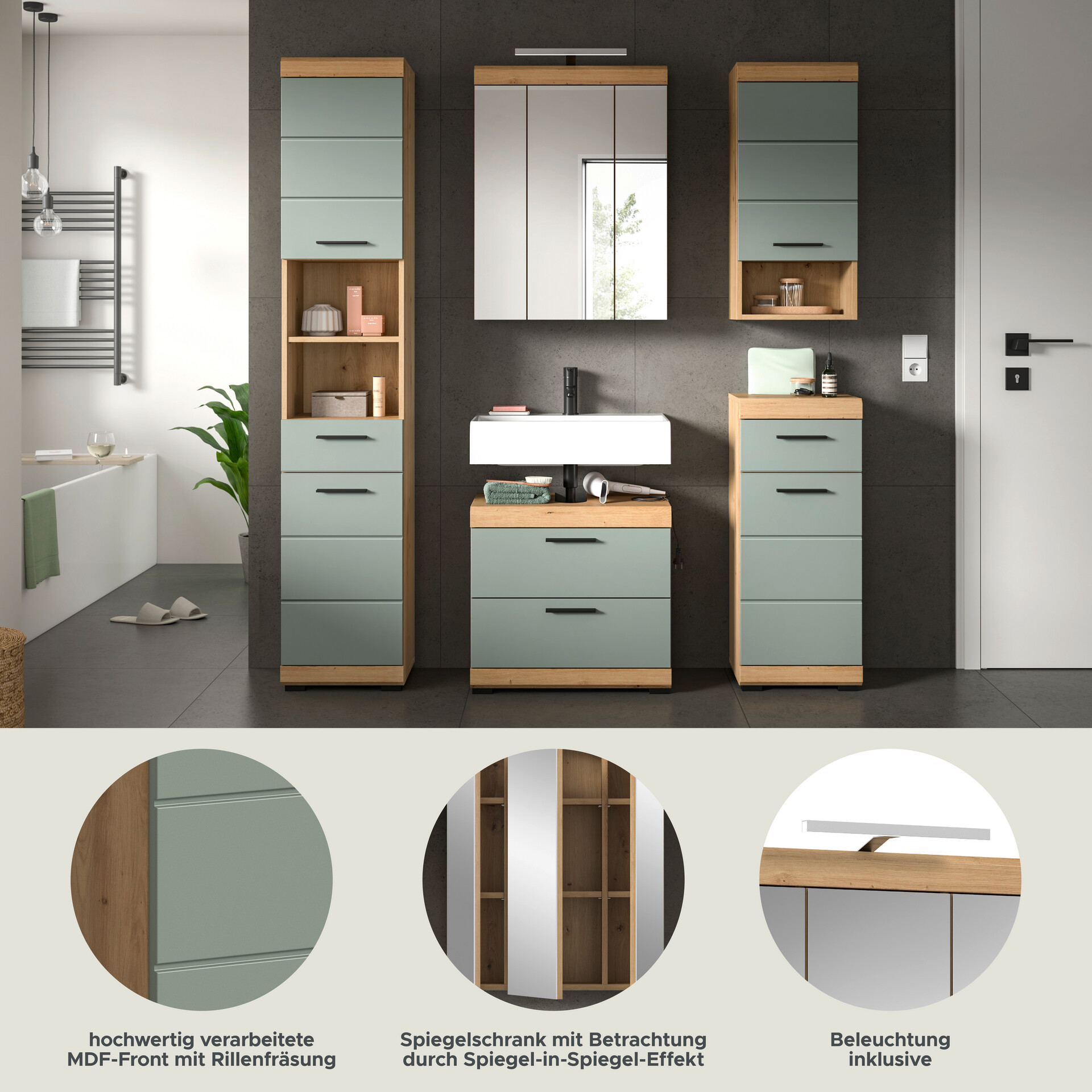 Badezimmer-Set Scout Eiche Artisan Nachbildung salbei Nachbildung B/H/T: ca. 164x191x37 cm