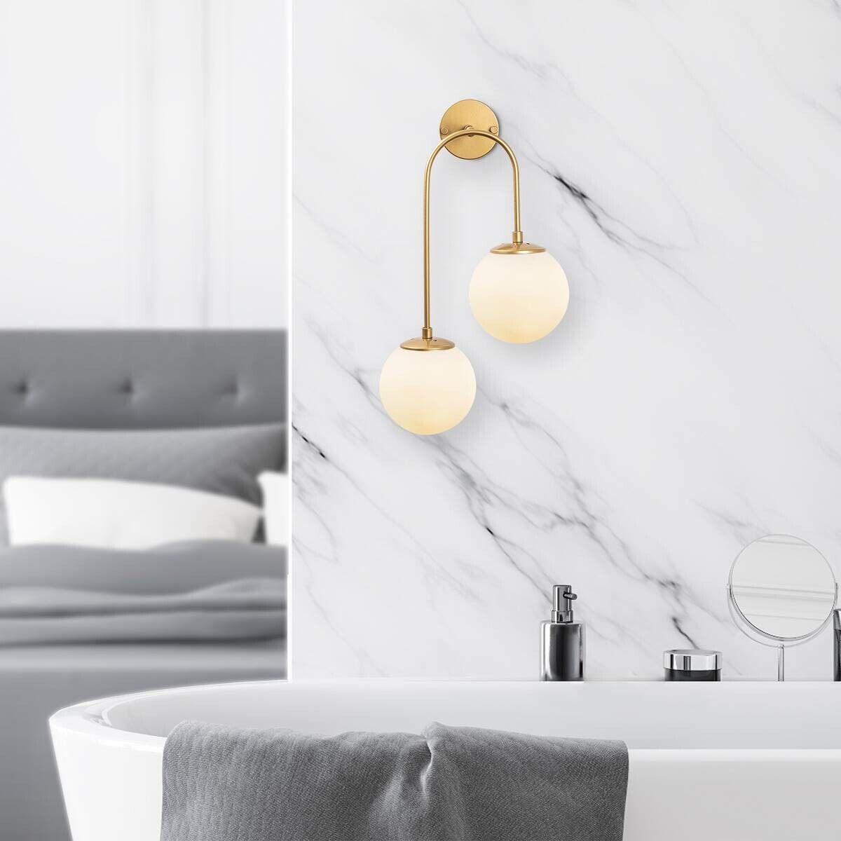 Opviq Wandleuchte gold Metall Glas B/H/L: ca. 24x55x30 cm E14 2 Brennstellen