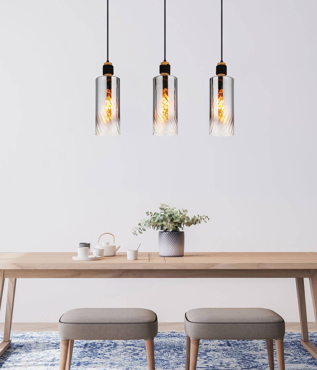 GLOBO Pendelleuchte mattschwarz Rauch braun Glas Holz Metall B/H/T/L: ca. 12x150x68x68 cm E27 3 Brennstellen