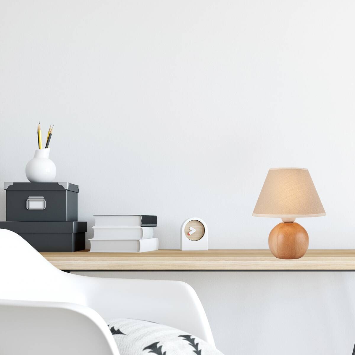 Lamkur Tischleuchte Ball natur Holz Stahl Stoff H/L: ca. 24x19 cm E27 1 Brennstellen