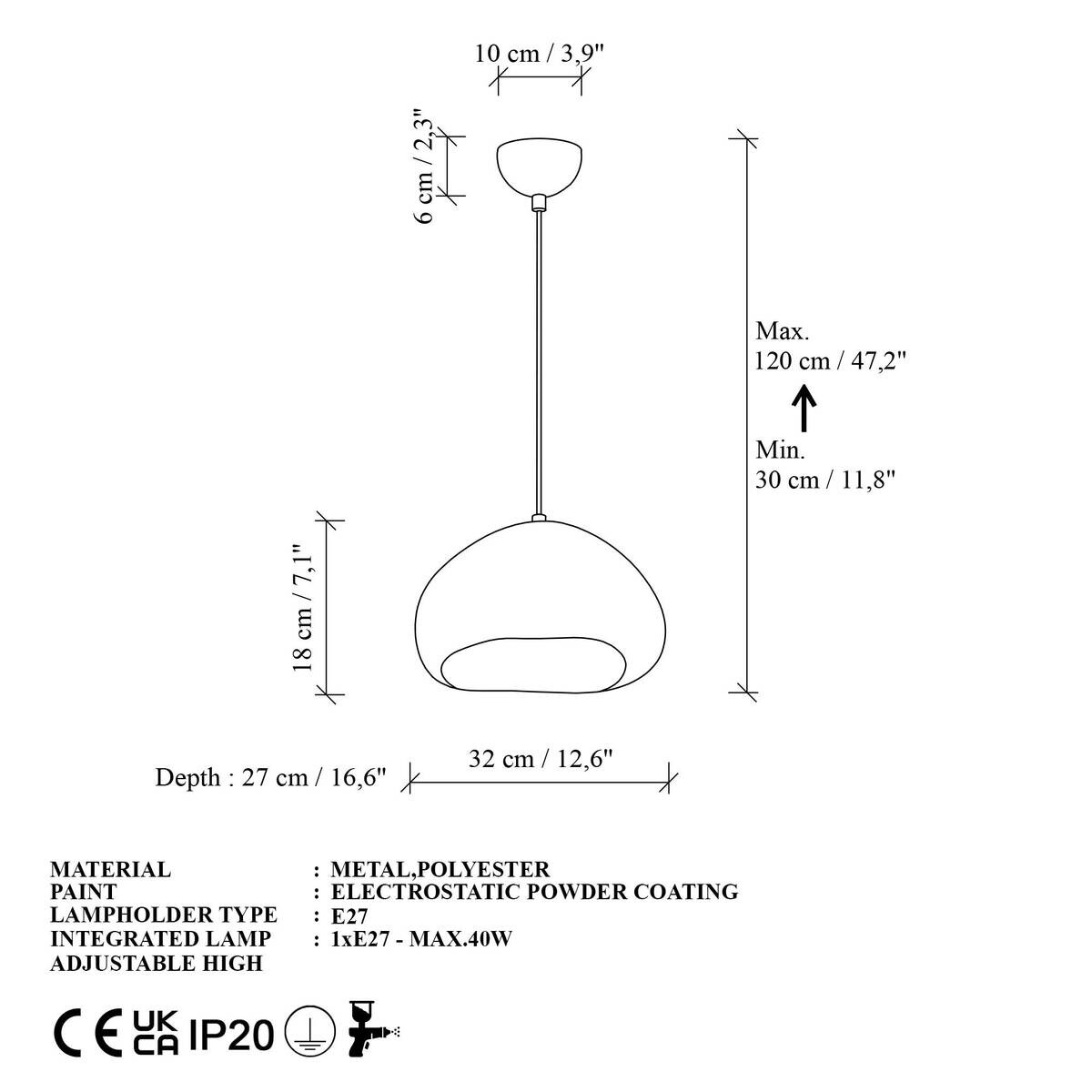 Opviq Pendelleuchte weiß Fiberglas Metall B/T/L: ca. 32x27x32 cm E27 1 Brennstellen