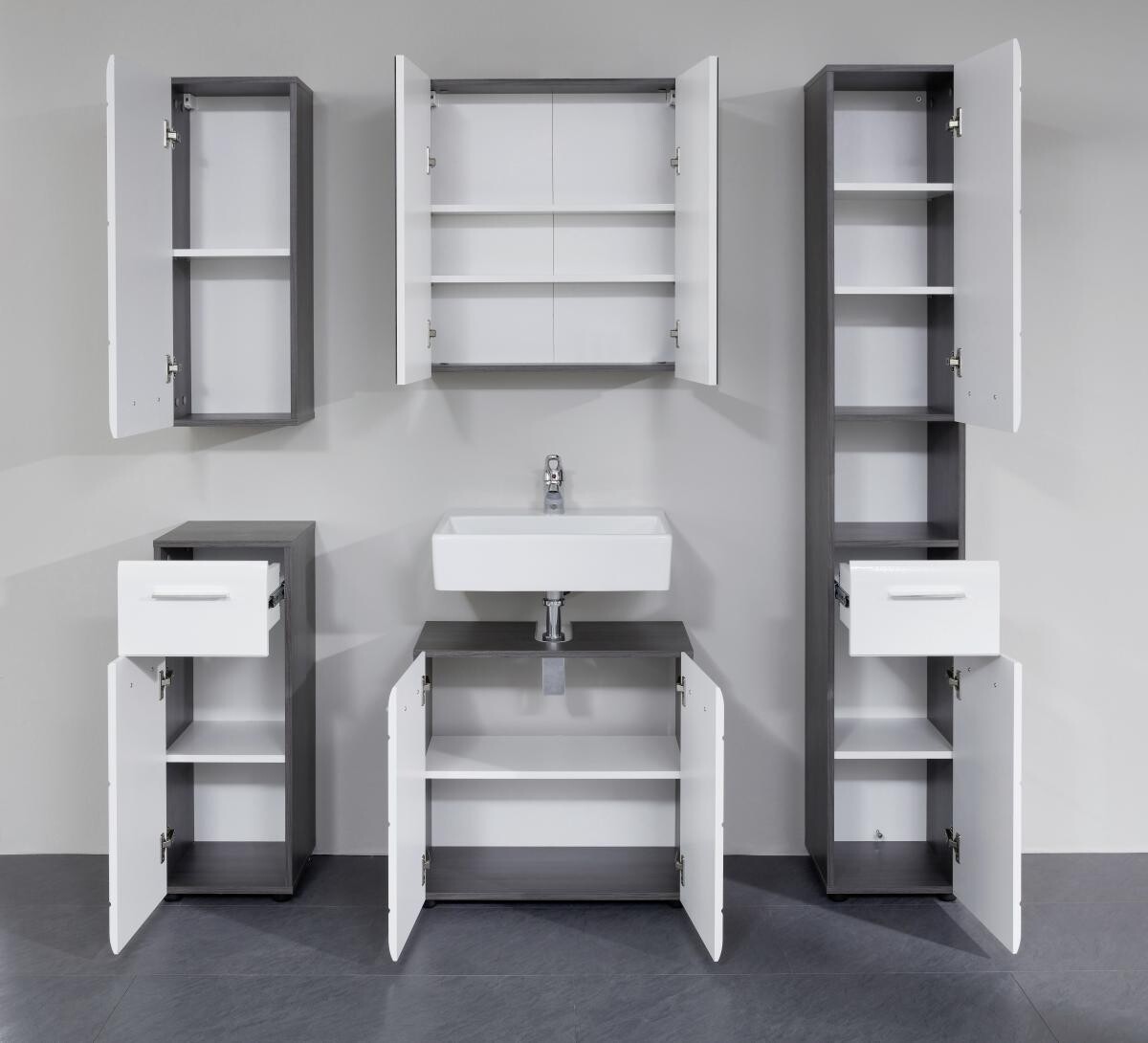 Badkommode Line Rauchsilber Nachbildung weiß Hochglanz B/H/T: ca. 30x79x31 cm