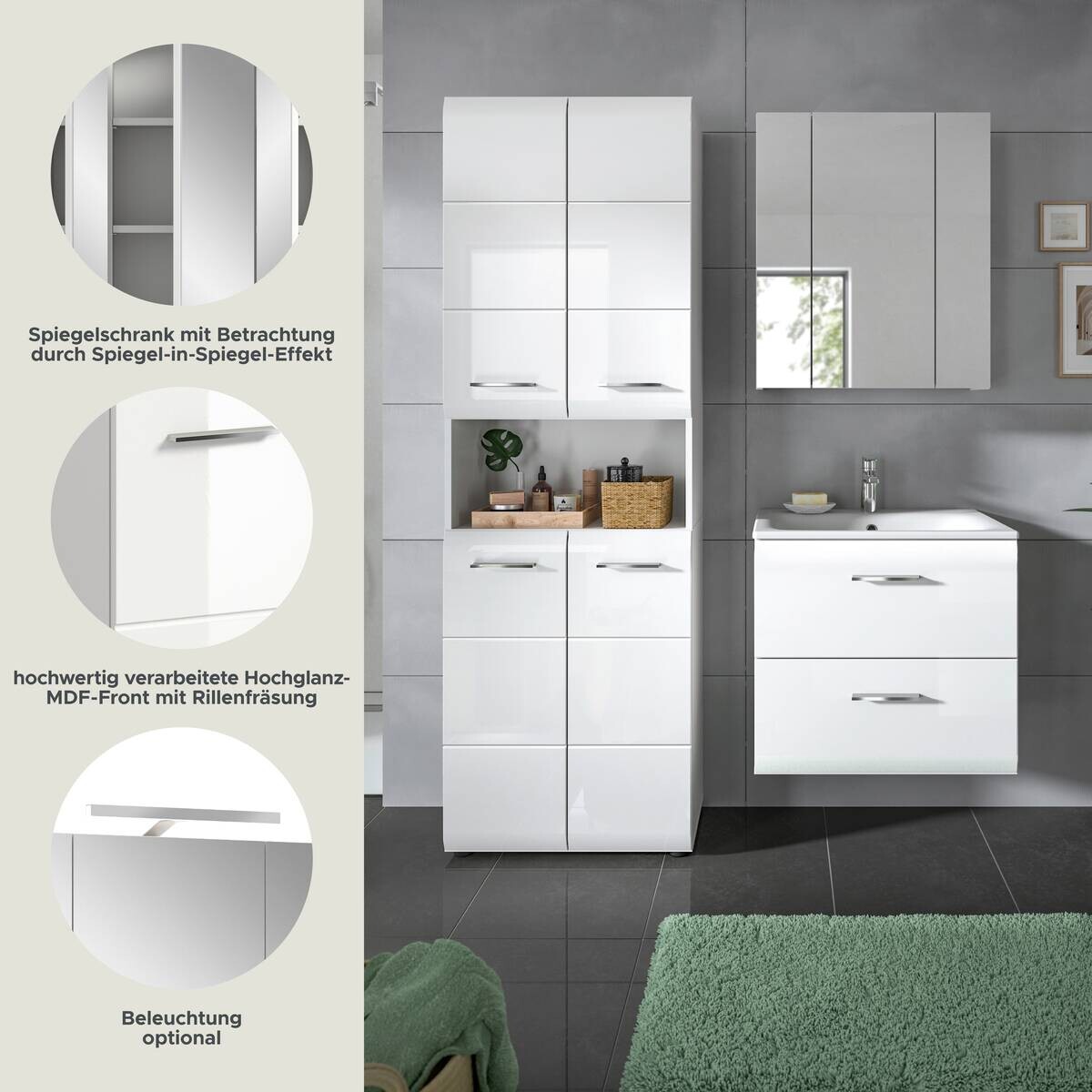 Badezimmer-Set Ice weiß weiß Hochglanz B/H/T: ca. 135x185x46 cm