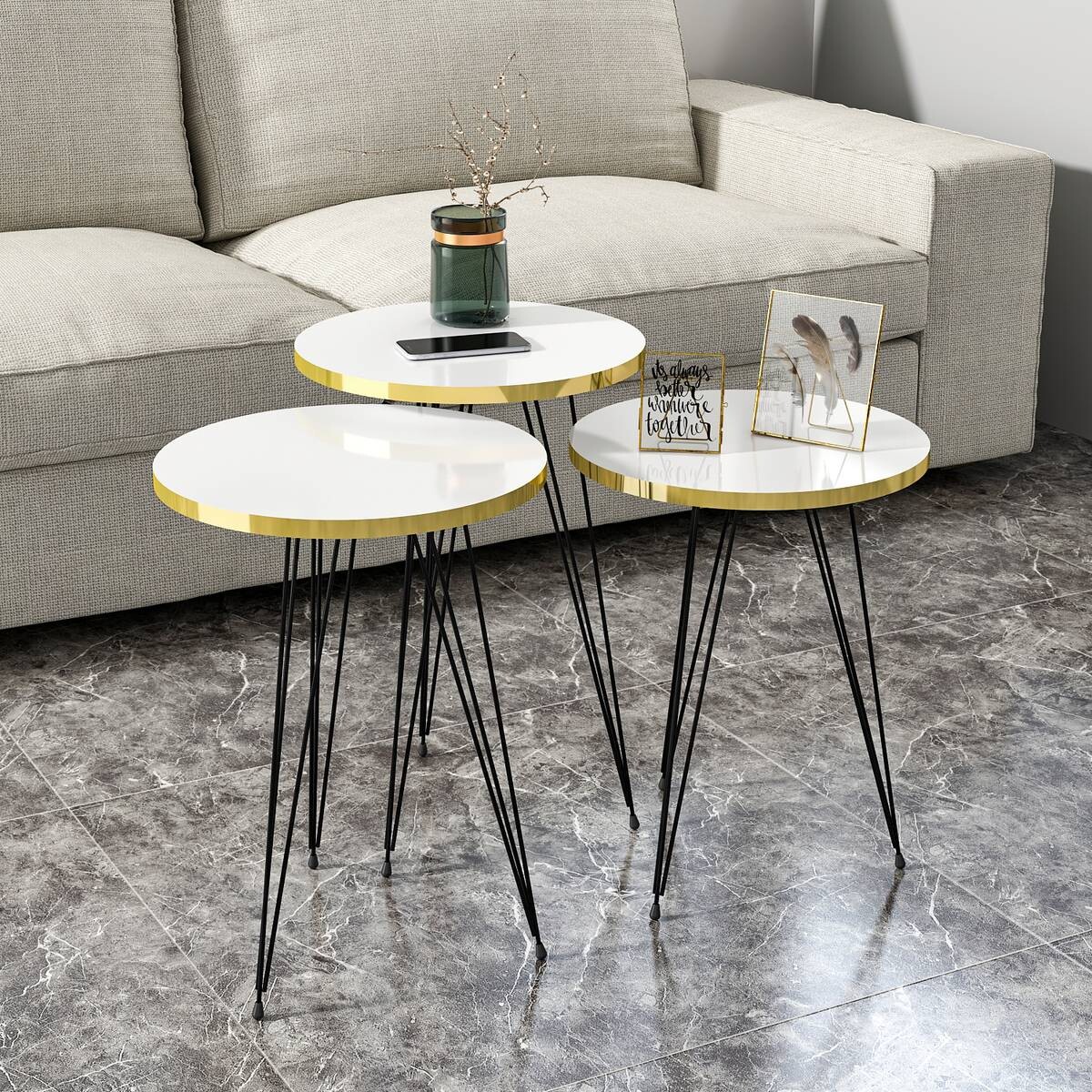 Beistelltisch 3er-Set. 21256290 weiß schwarz Metall B/H/T: ca. 38x53,5x38 cm