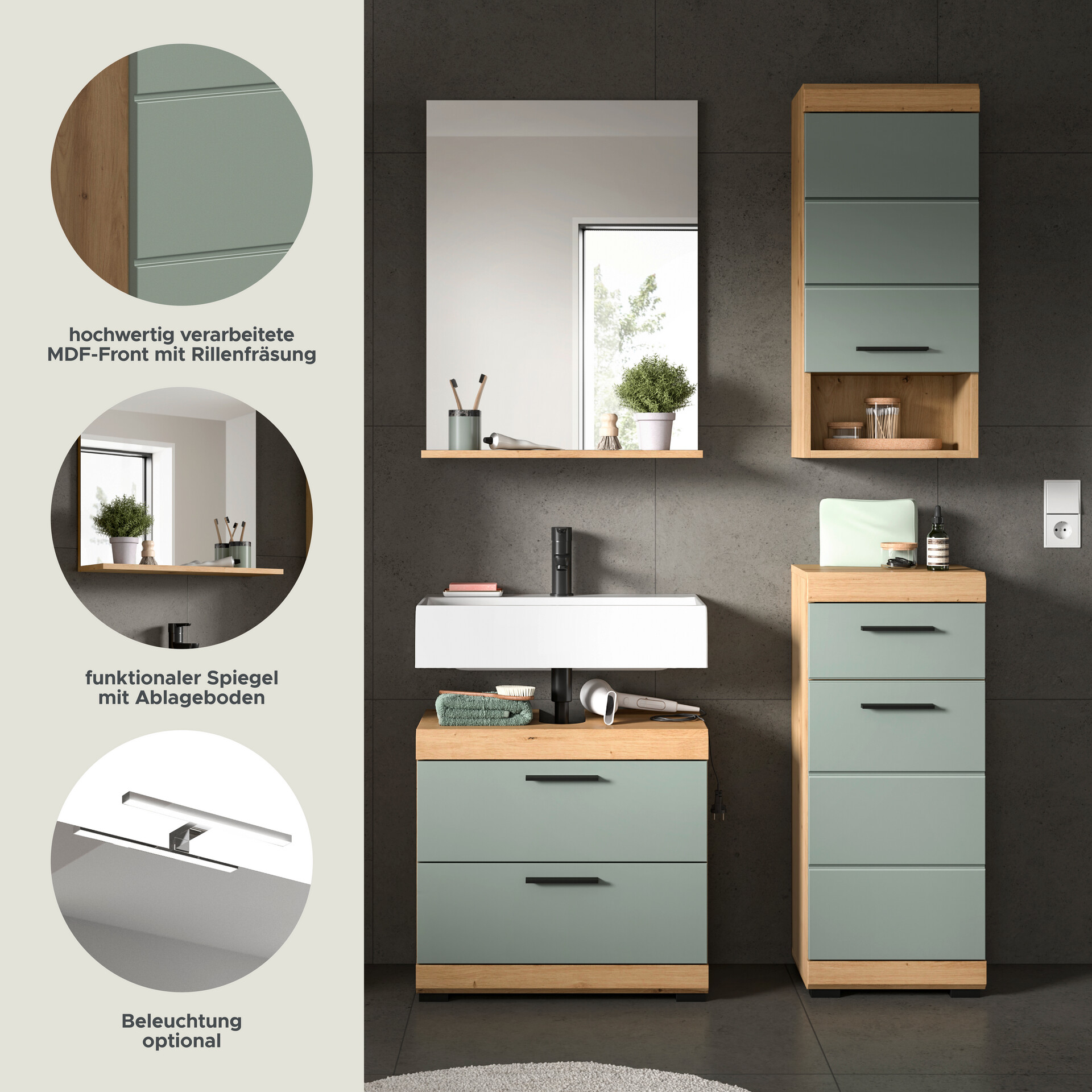 Badezimmer-Set Scout Eiche Artisan Nachbildung salbei Nachbildung B/H/T: ca. 112x191x37 cm