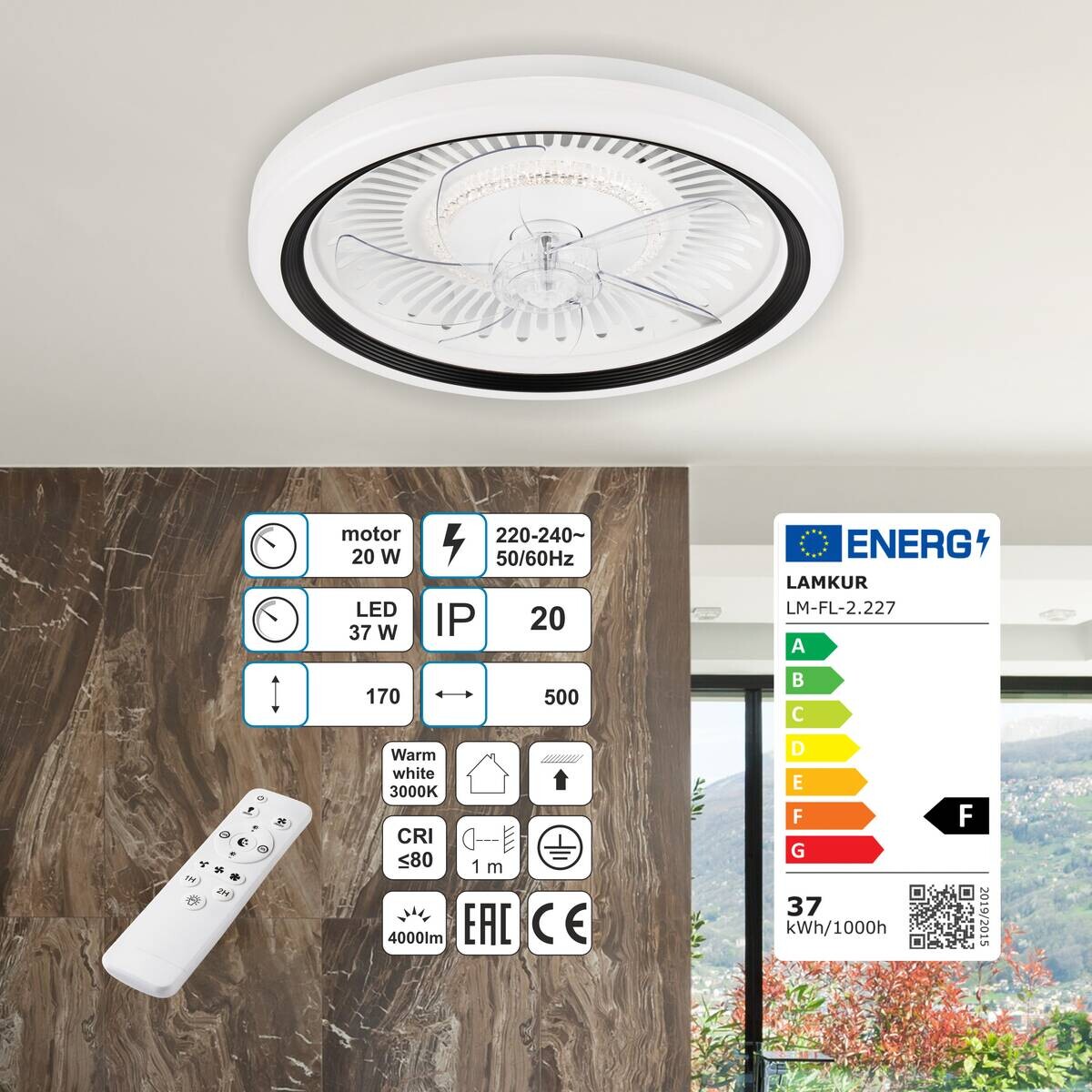 Lamkur LED-Deckenventilator FALCO 49908 schwarz weiß H/L: ca. 17x50 cm max. 40 W