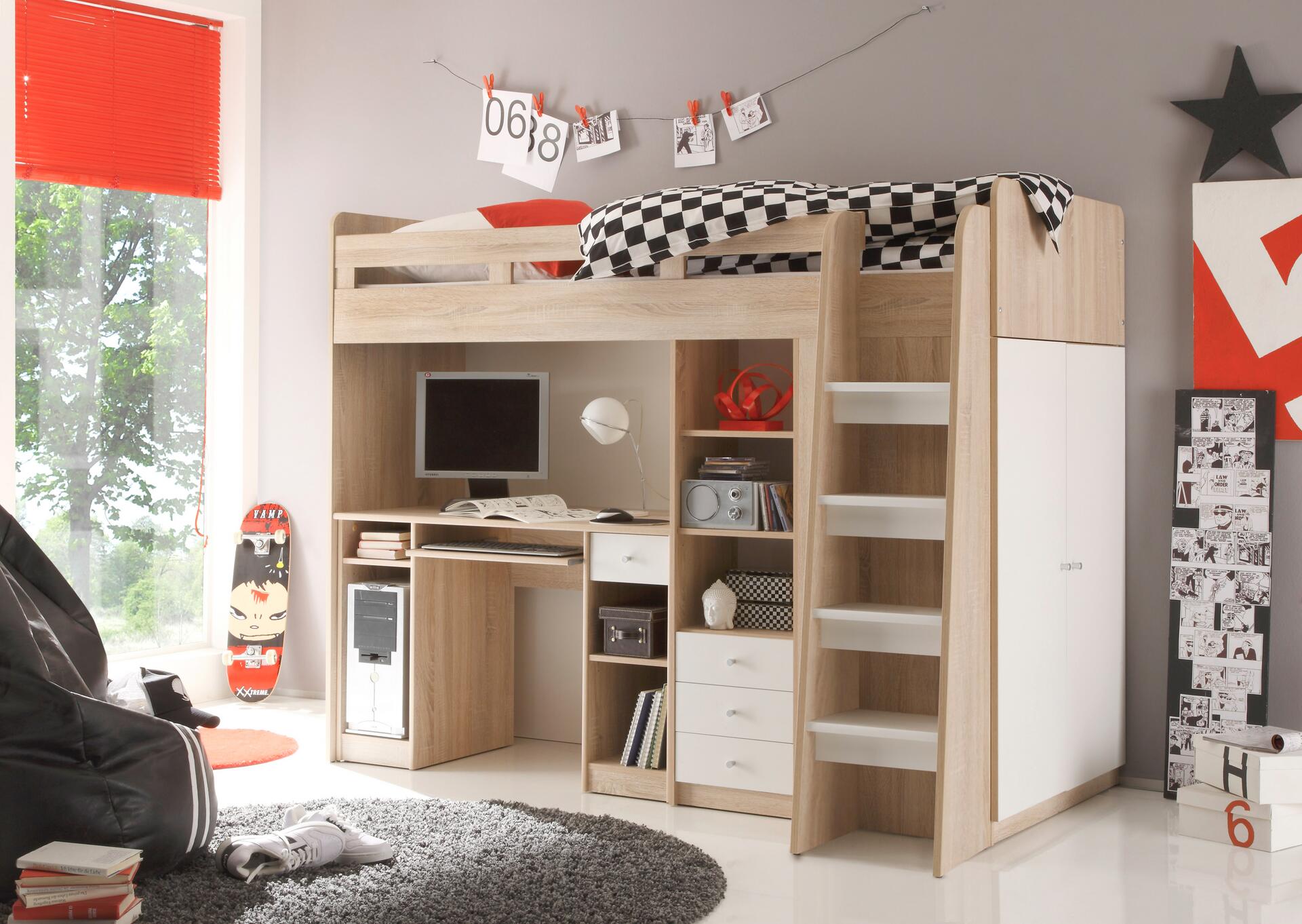 Hochbett Unit weiß Eiche Sonoma Nachbildung Liegefläche B/L: ca. 90x200 cm