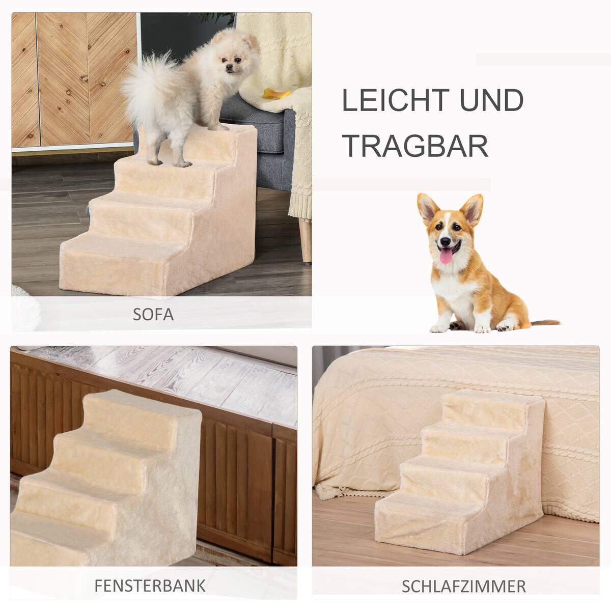 PawHut Haustiertreppe beige Edelstahl B/H/L: ca. 35x44x60 cm