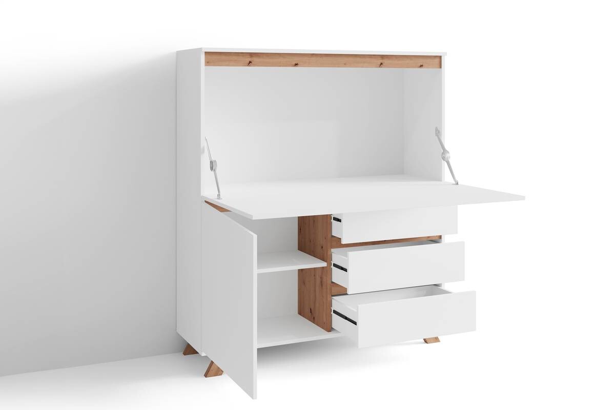 Sekretär VALENTIN weiß matt Eiche Artisan Nachbildung B/H/T: ca. 120x127x38 cm