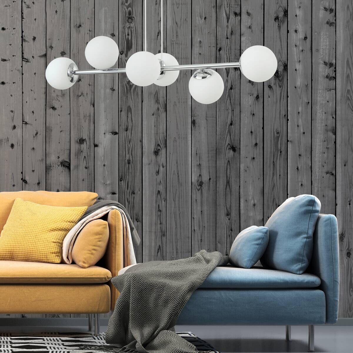 Lamkur Hängeleuchte Maddie Chrom Glas Stahl B/H/L: ca. 111x40x96 cm E14 6 Brennstellen