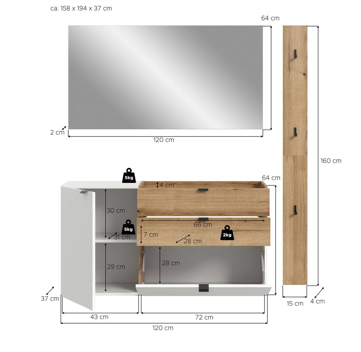 Garderobe Naro weiß Evoke Oak Nachbildung B/H/T: ca. 158x194x37 cm