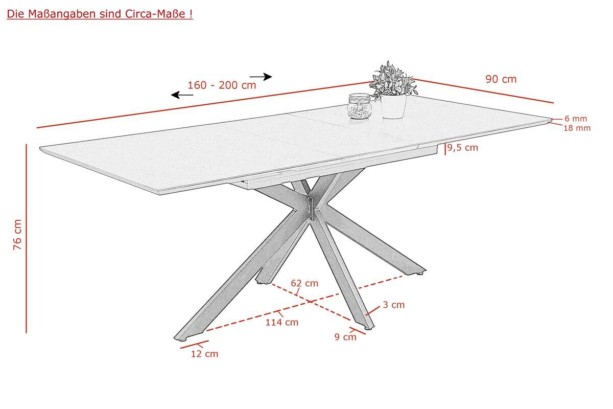 Tisch Chiara Marmoroptik grau anthrazit stone Metall B/H/T: ca. 200x76x90 cm