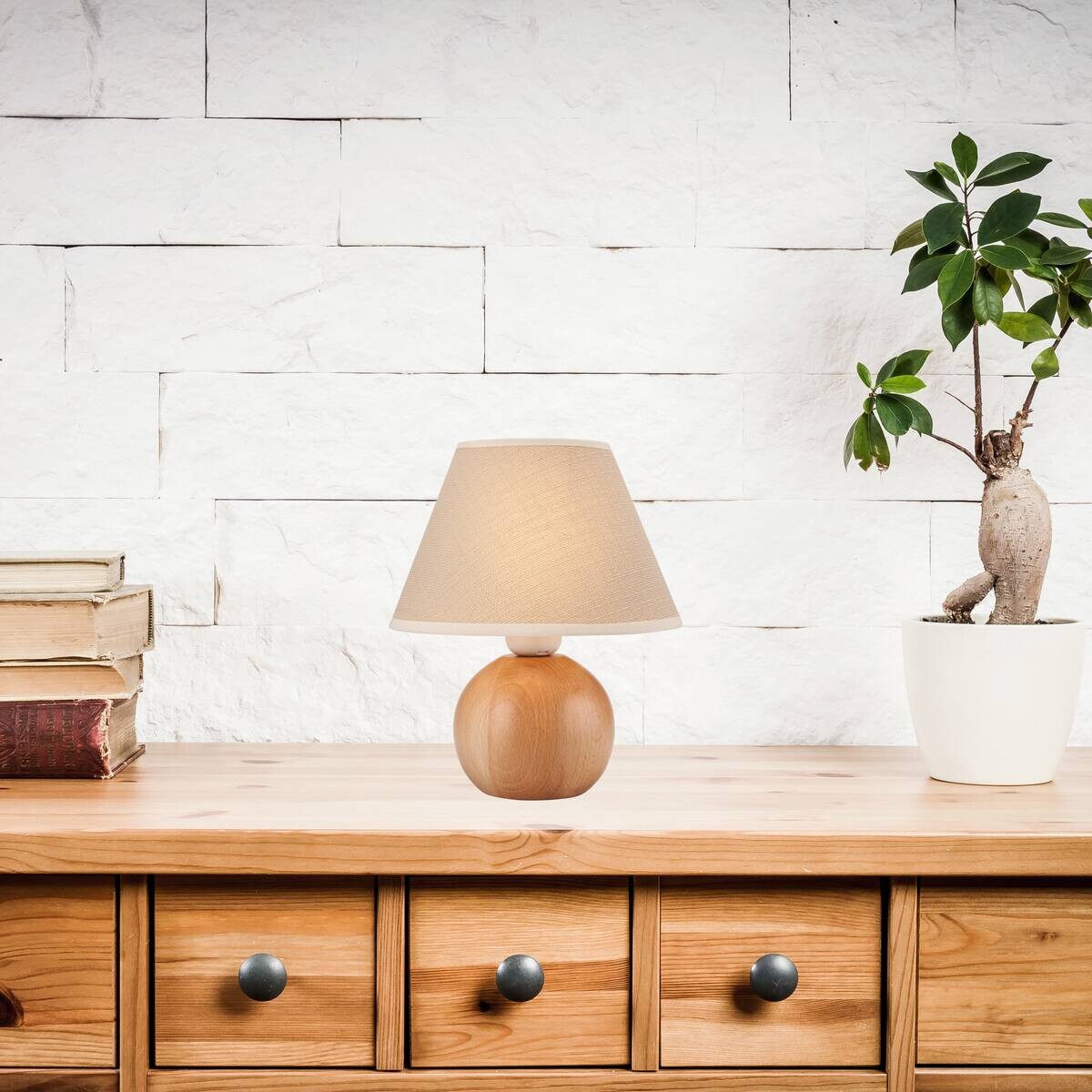Lamkur Tischleuchte Ball natur Holz Stahl Stoff H/L: ca. 24x19 cm E27 1 Brennstellen