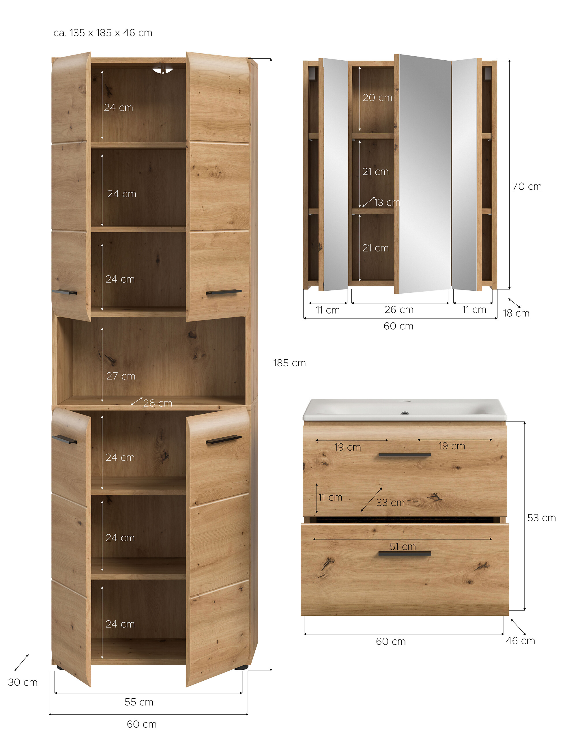 Badezimmer-Set Ice Artisan Oak Nachbildung B/H/T: ca. 135x185x46 cm
