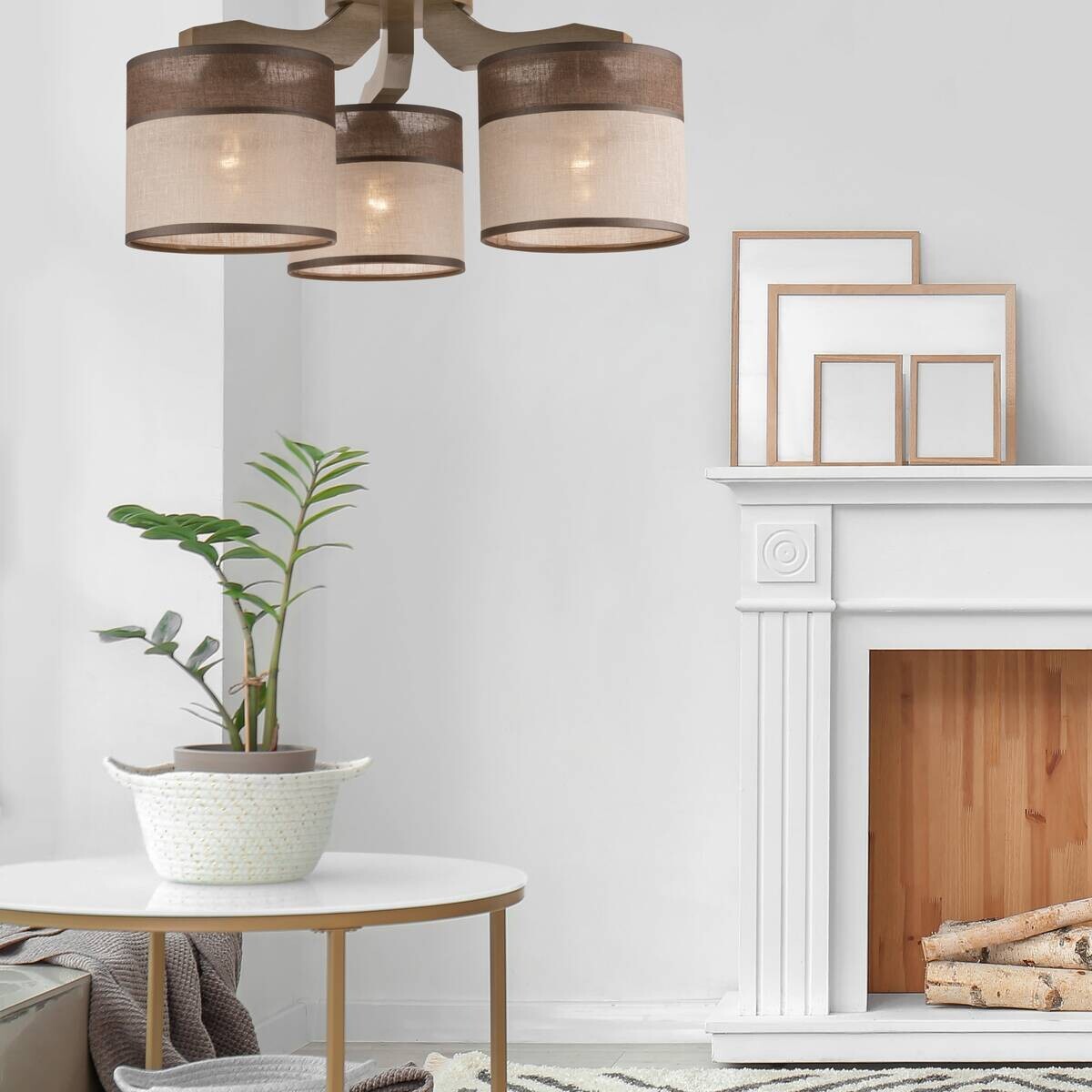 Lamkur Deckenleuchte Andrea natur Holz Stoff Stahl H/L: ca. 23x40 cm E27 3 Brennstellen