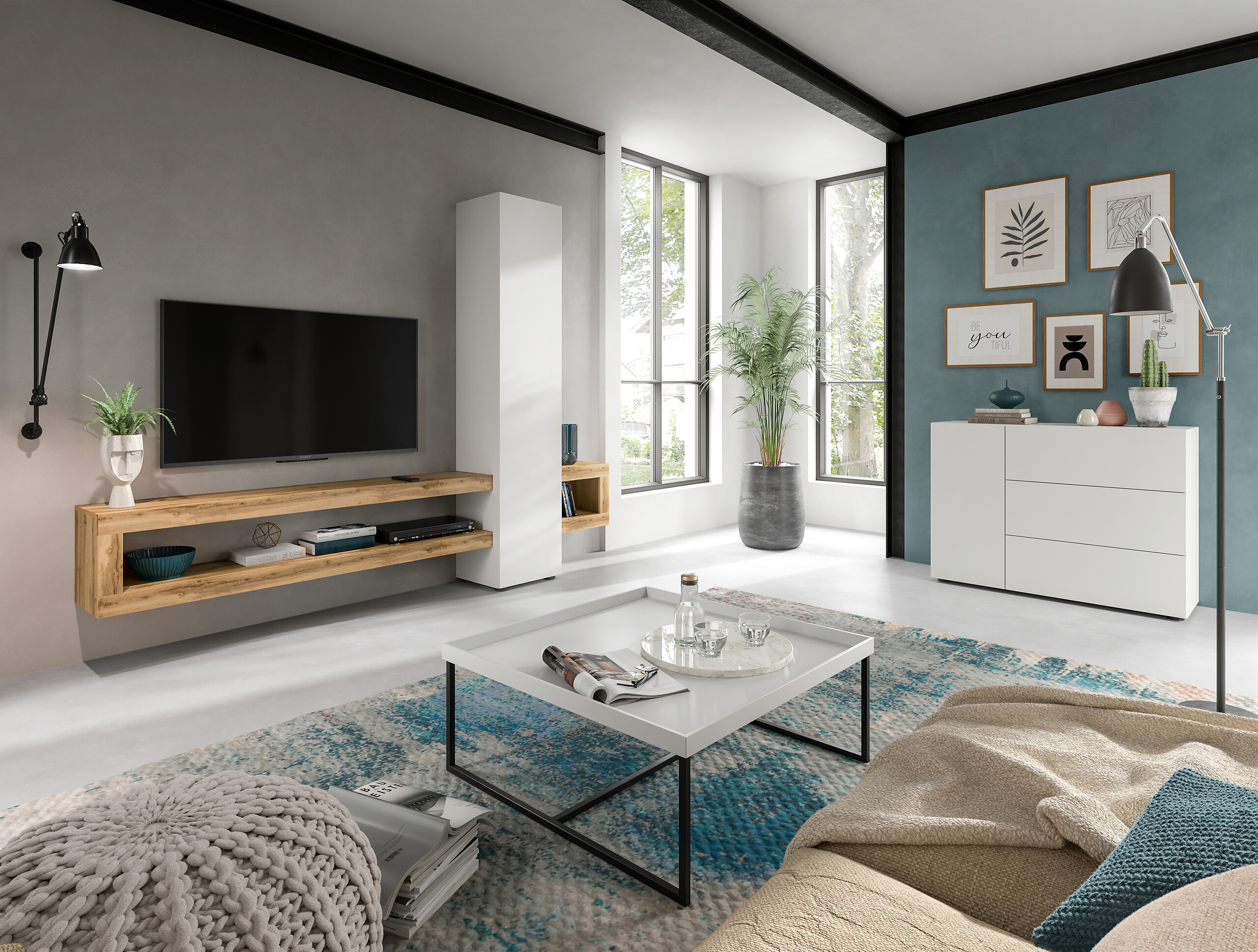 Wohnwand Samba weiß Eiche Wotan Nachbildung B/H/T: ca. 240x190x35 cm Wohnwand Samba weiß Eiche Wotan Nachbildung B/H/T: ca. 240x190x35 cm