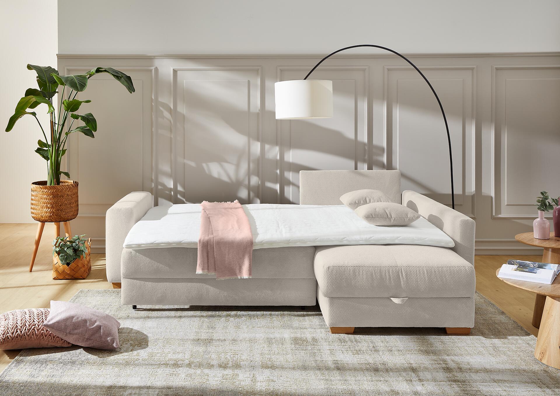 Ecksofa mit Bettfunktion und Bettkasten hellbeige Kord B/H/T: ca. 257x85x206 cm