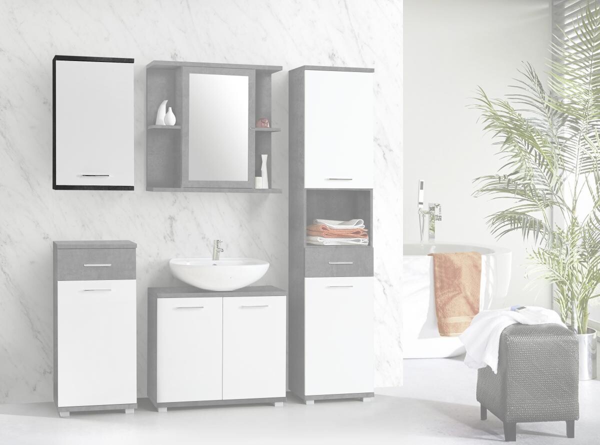 Badhängeschrank Beton dunkel Optik weiß Hochglanz B/H/T: ca. 40,2x68,8x23,2 cm Badhängeschrank Beton dunkel Optik weiß Hochglanz B/H/T: ca. 40,2x68,8x23,2 cm