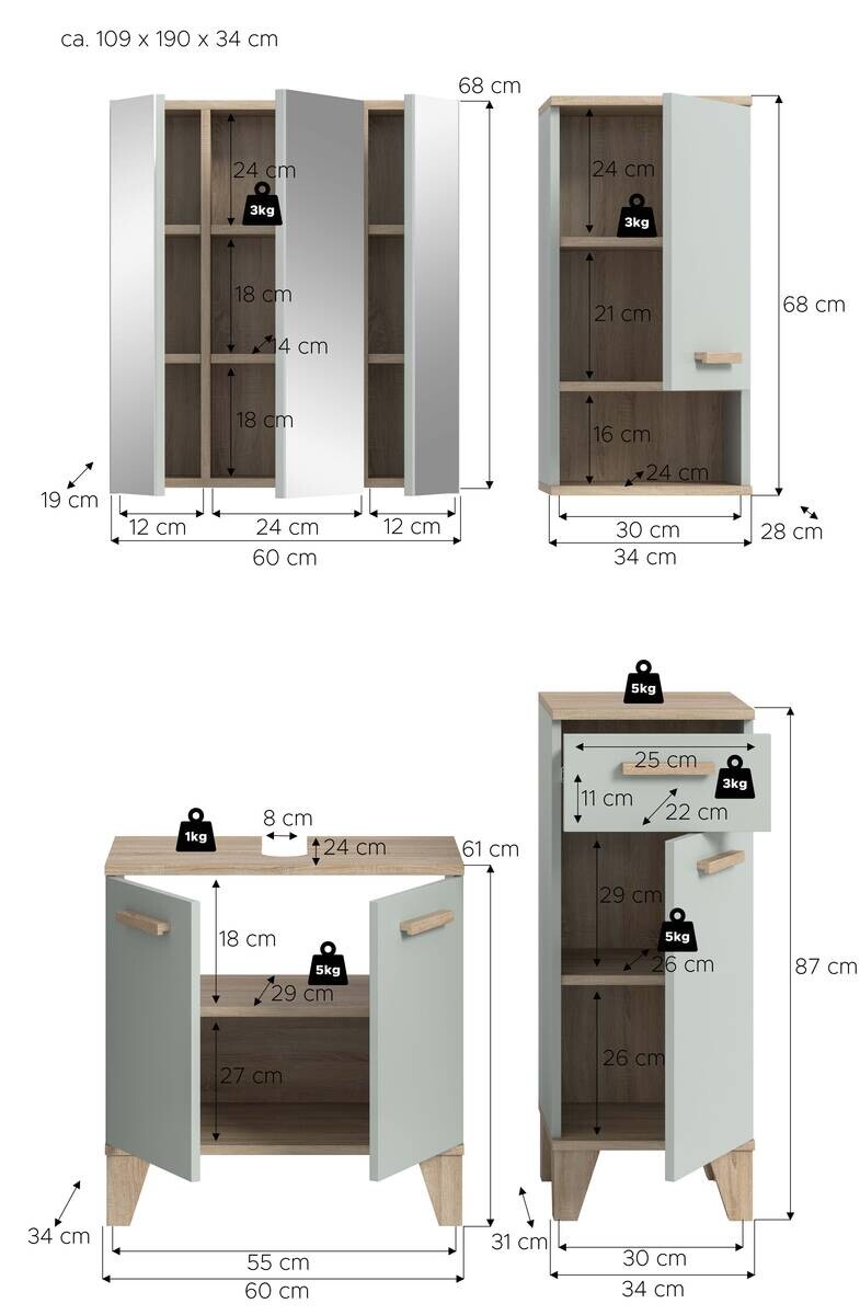 Badezimmer-Set STAR hellgrün Eiche hell Nachbildung B/H/T: ca. 109x190x34 cm