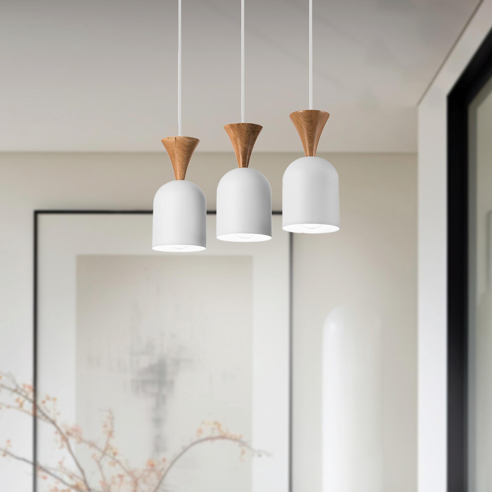 Lamkur Hängeleuchte weiß Eiche Stahl Holz B/H/L: ca. 15,5x92x45 cm E27 3 Brennstellen