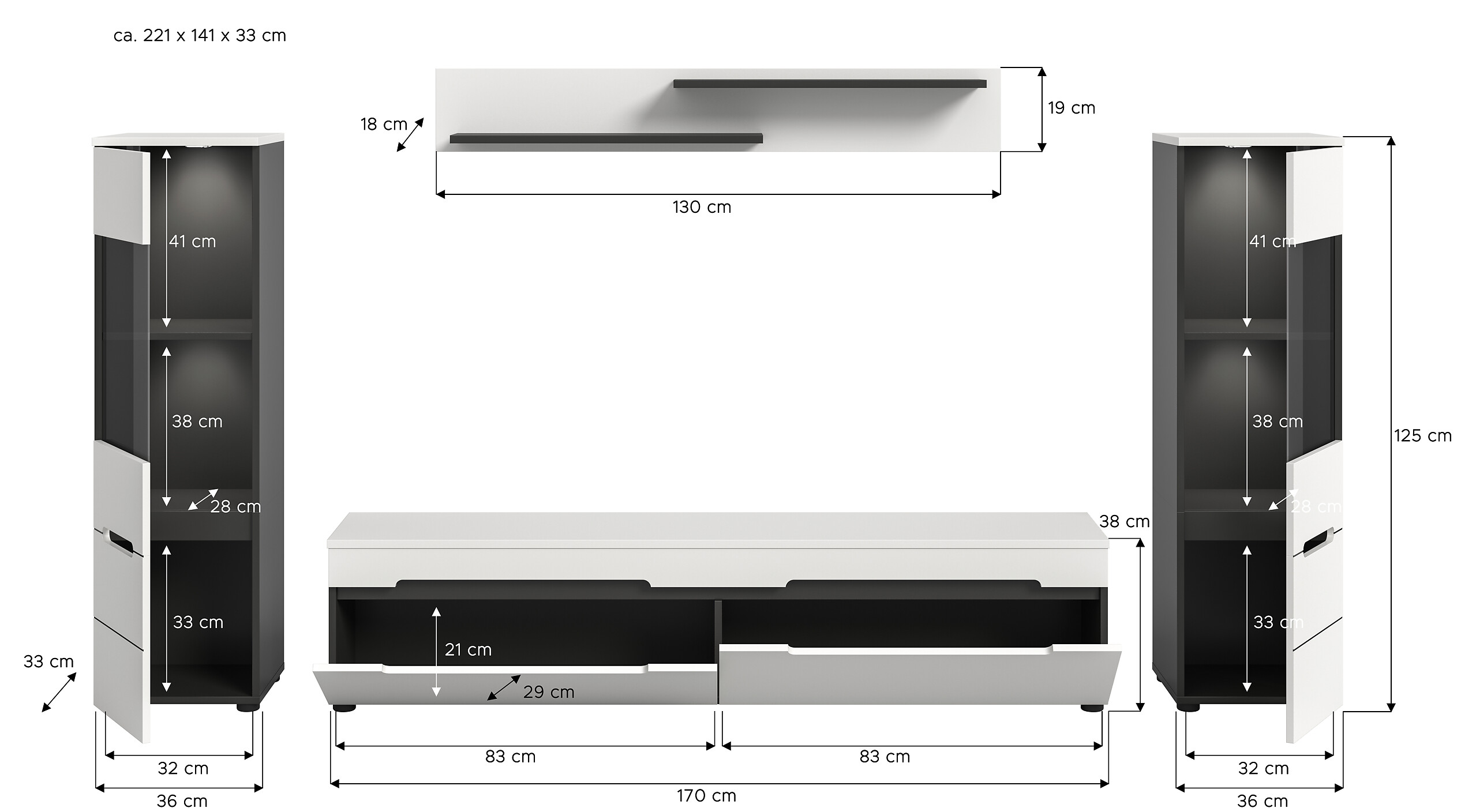Wohnwand Canu basaltgrau weiß B/H/T: ca. 272x141x33 cm