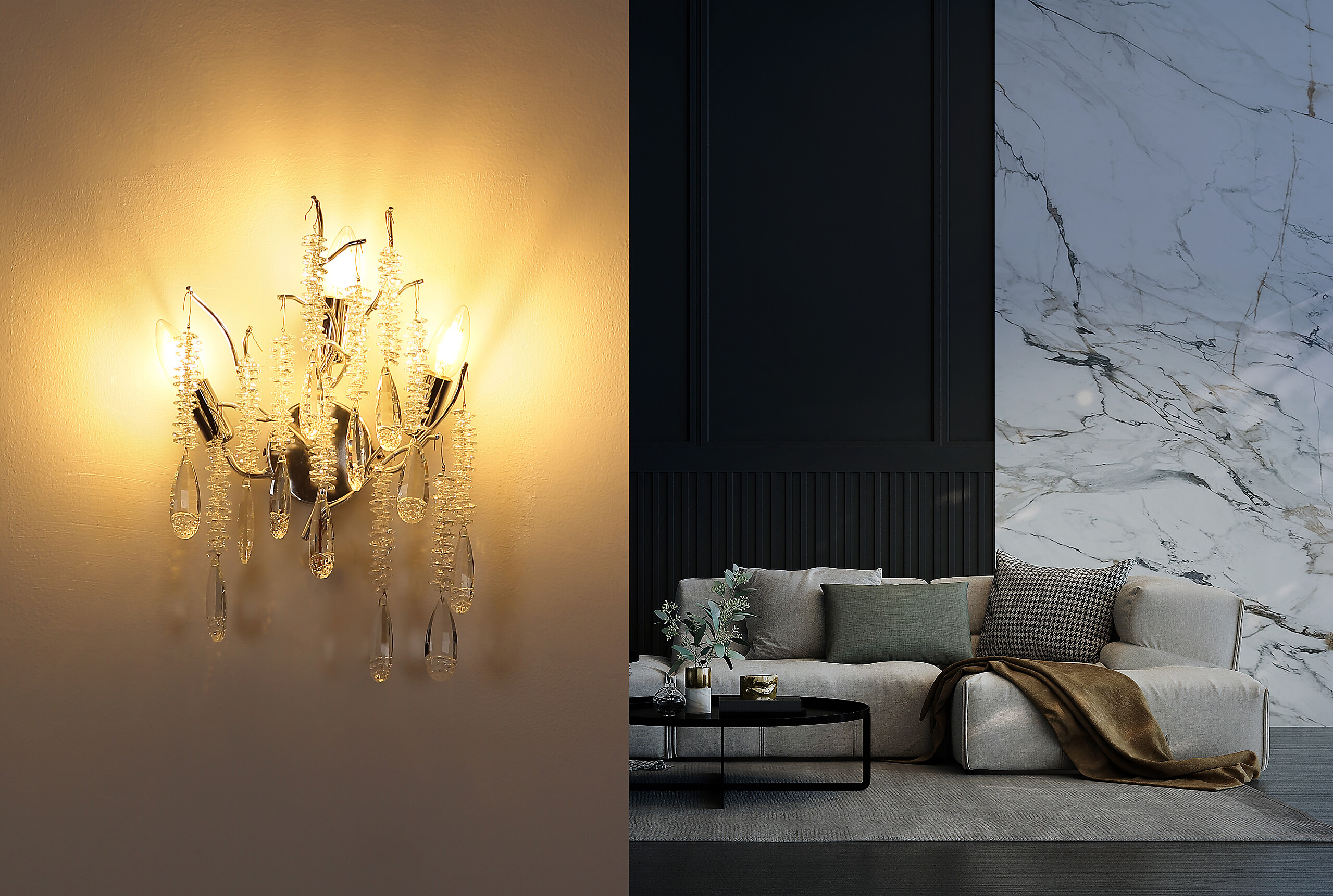 GLOBO Wandleuchte klar silber Glas Metall B/H/L: ca. 12x47x0,5 cm E14 3 Brennstellen