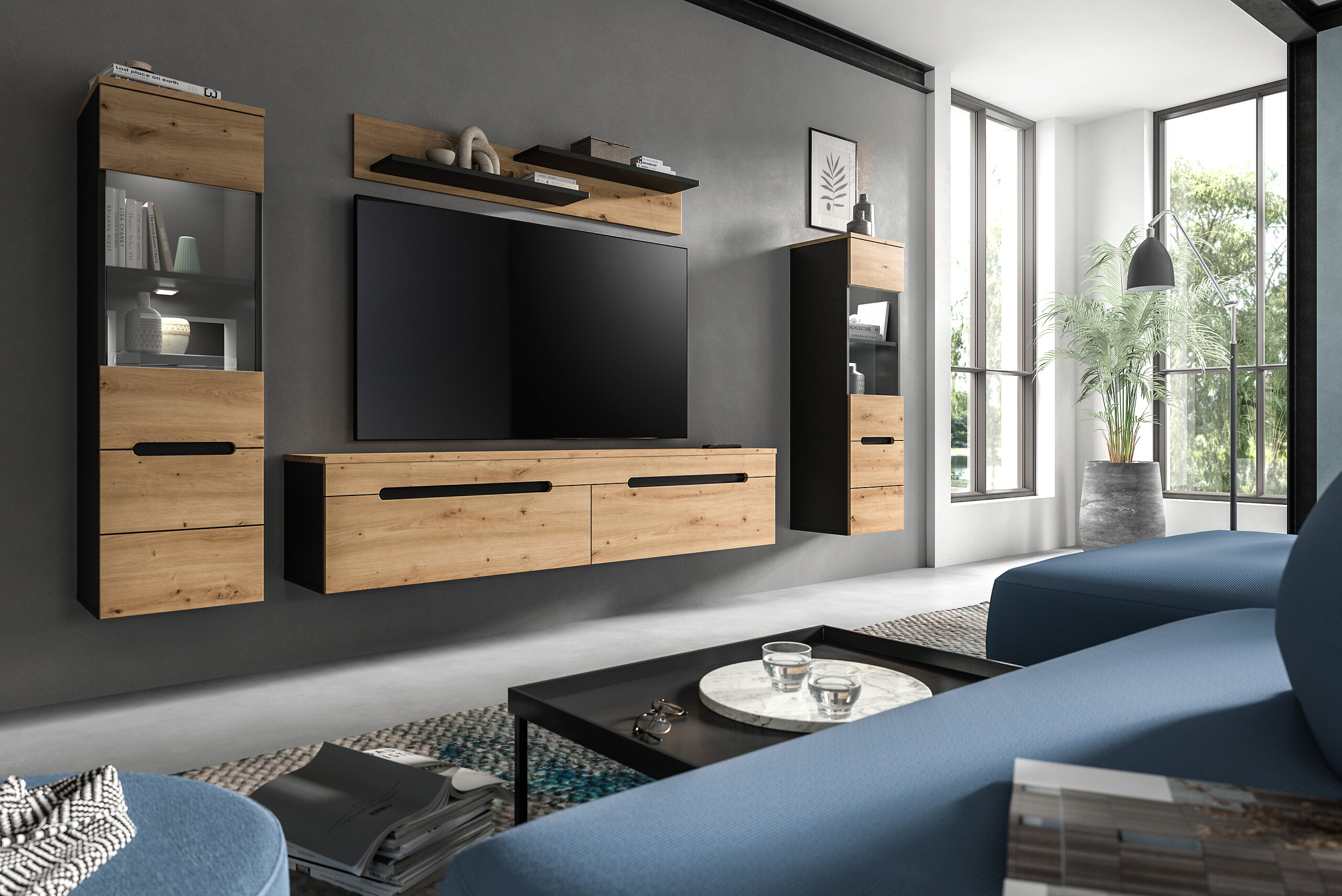 Wohnwand Canu basaltgrau Nachbildung Artisan Oak Nachbildung B/H/T: ca. 272x141x33 cm