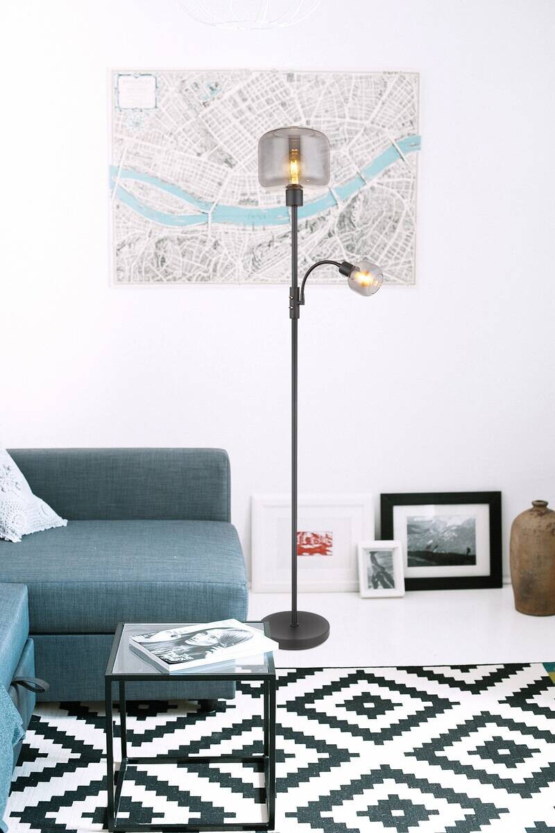 GLOBO Stehleuchte grau mattschwarz Metall Glas H/D: ca. 165x25 cm E27 1 Brennstellen