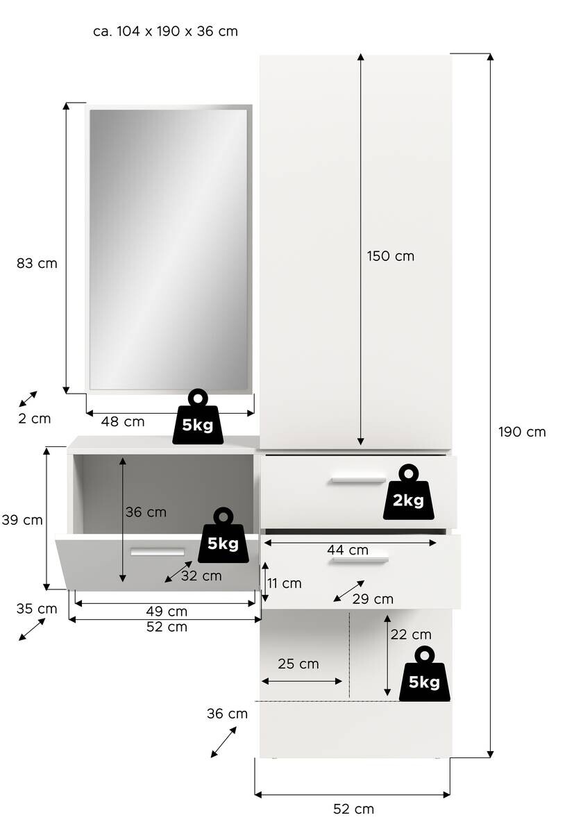 Garderobe VAGA weiß B/H/T: ca. 104x190x36 cm