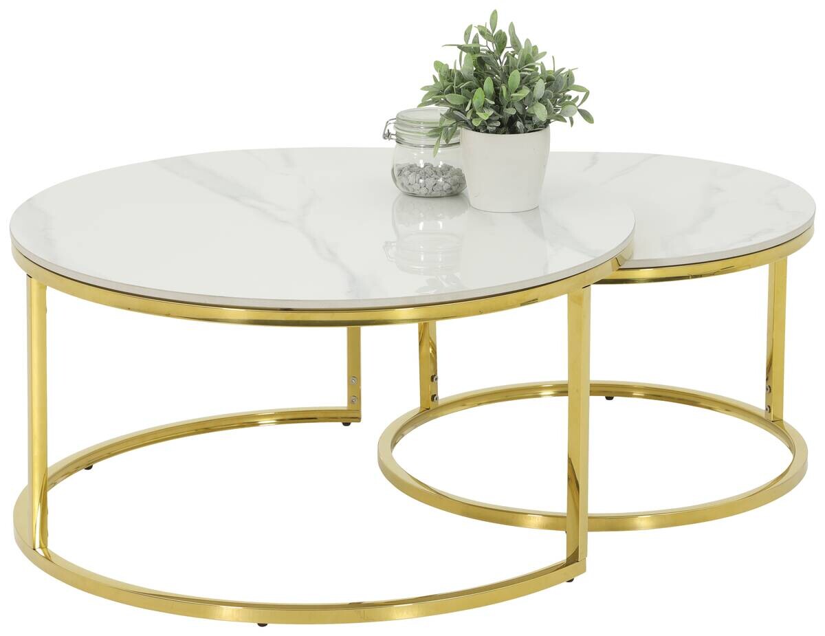 Hela Couchtisch Joel Marmoroptik weiß gold Metall Stein H/D: ca. 41x80 cm