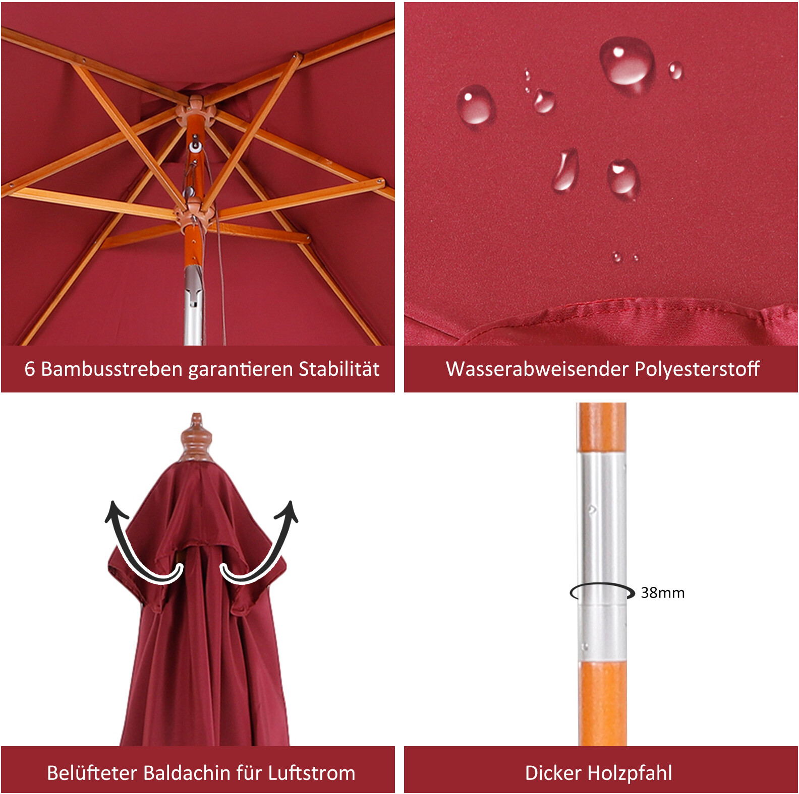 Outsunny Sonnenschirm weinrot Holz B/H/L: ca. 150x230x200 cm