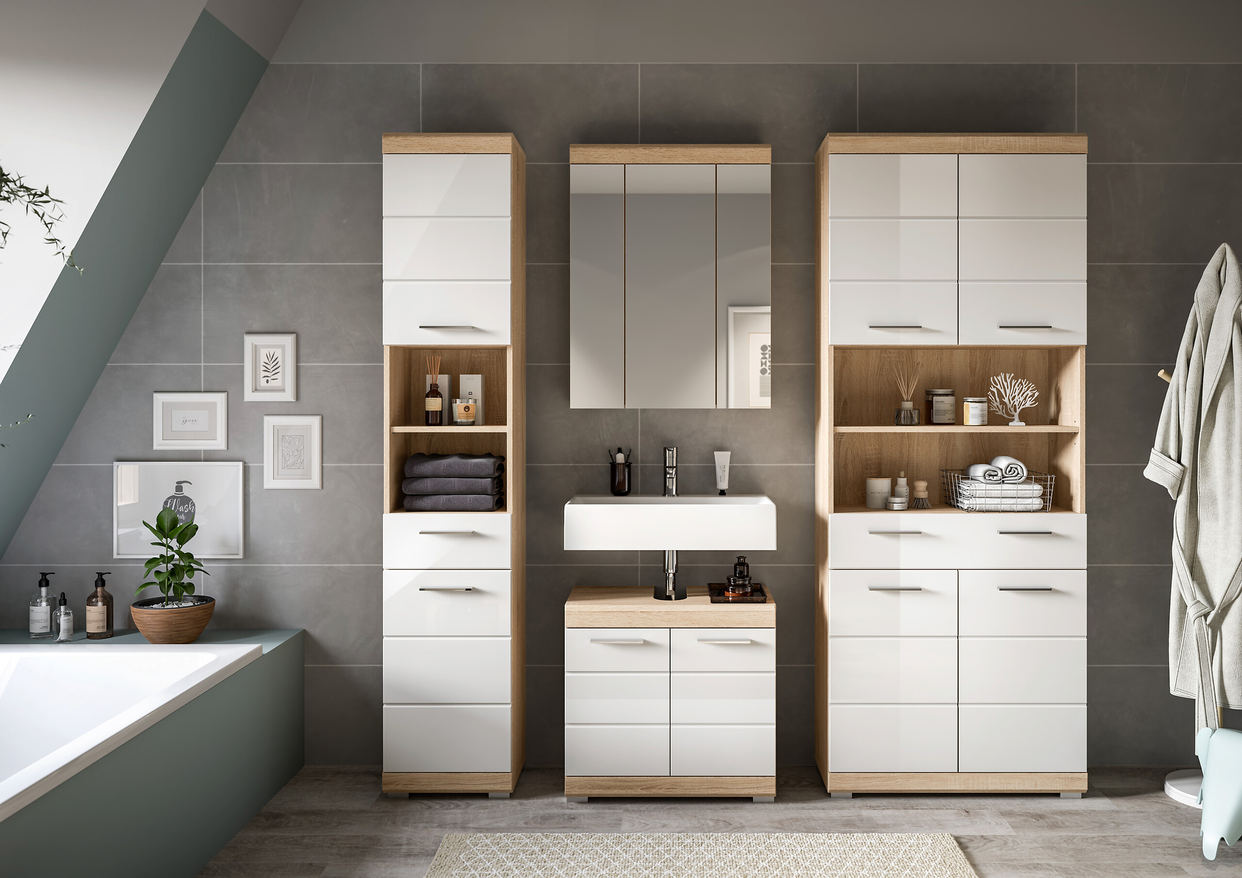 Badezimmer-Set Lambada Eiche Sonoma Nachbildung weiß Hochglanz B/H/T: ca. 186x191x34 cm