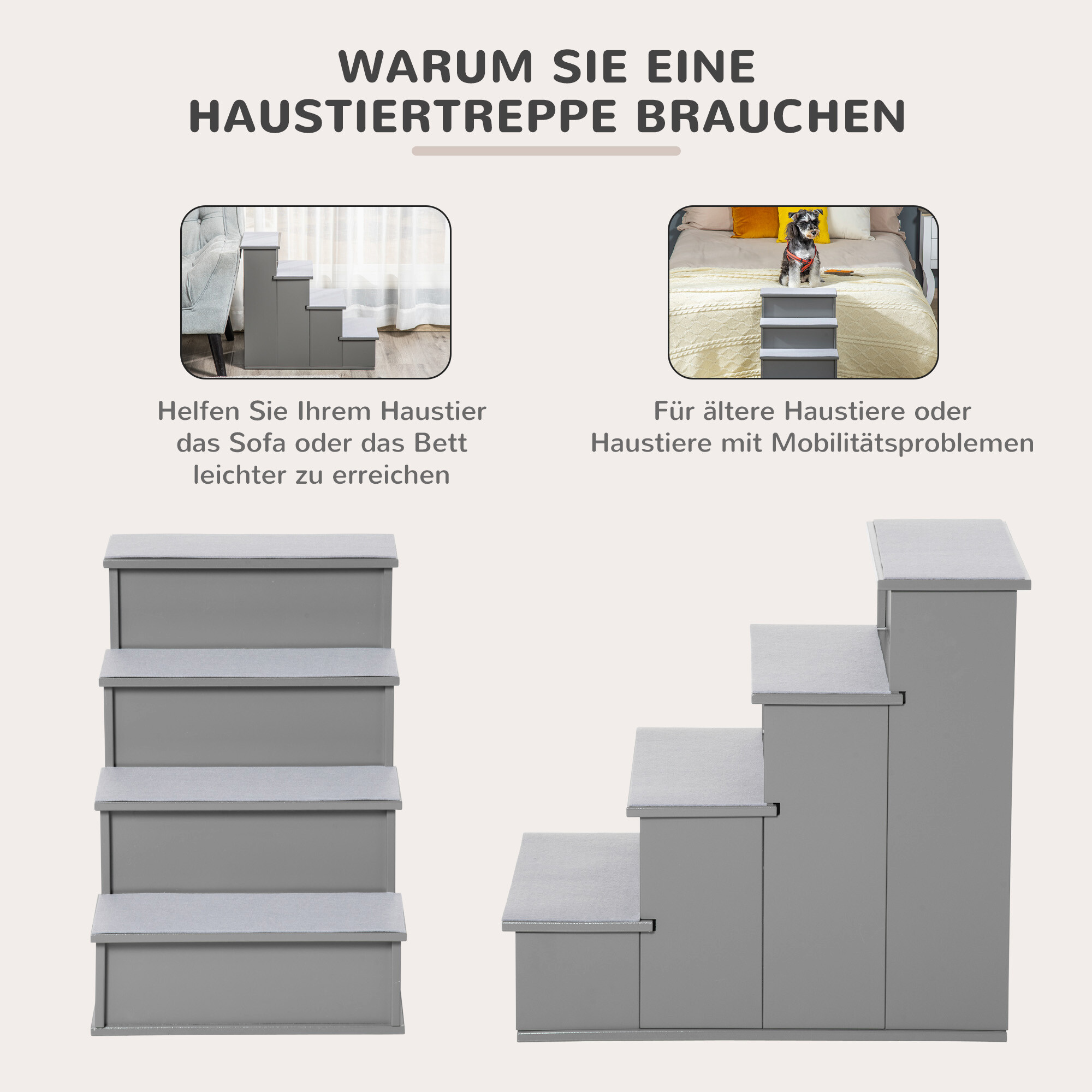 PawHut Haustiertreppe grau Plüsch B/H/L: ca. 59x54,2x40 cm