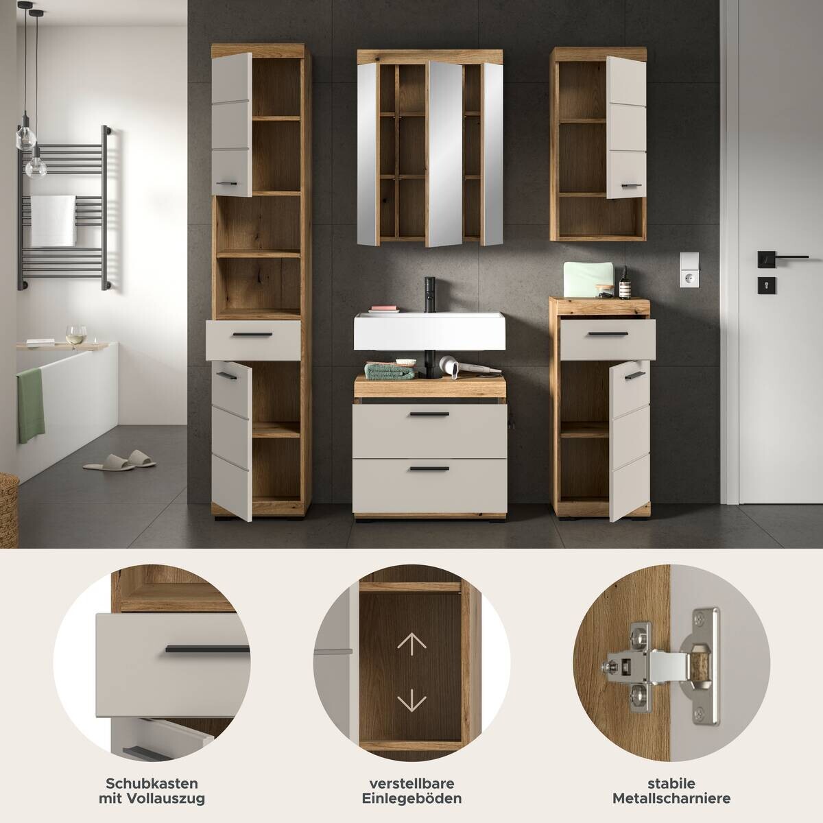 Badezimmer-Set Scout Evoke Oak Nachbildung Kaschmirgrau Nachbildung B/H/T: ca. 164x191x34 cm