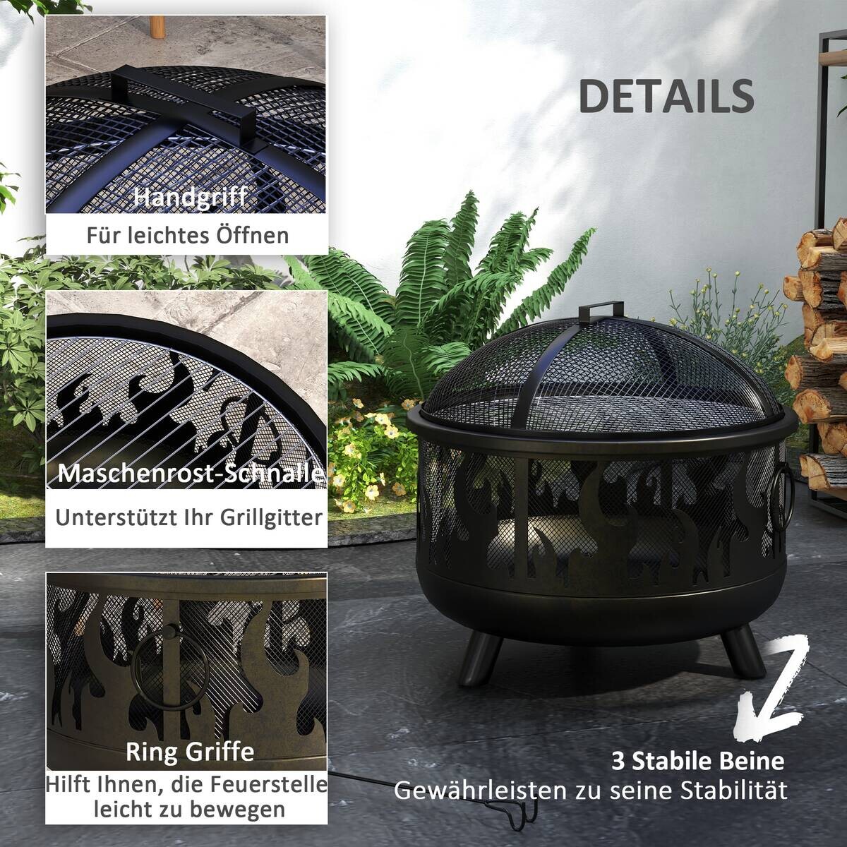 Outsunny Feuerschale schwarz Metall B/H/L: ca. 61x55x61 cm