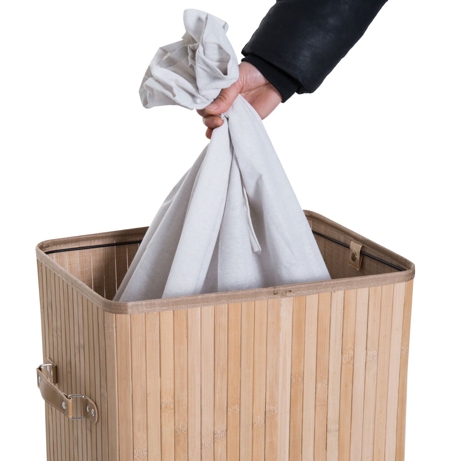 HOMCOM Wäschekorb mit 2 Tragegriffen natur Bambus Stoff Kunststoff B/H/L: ca. 30x60x40 cm