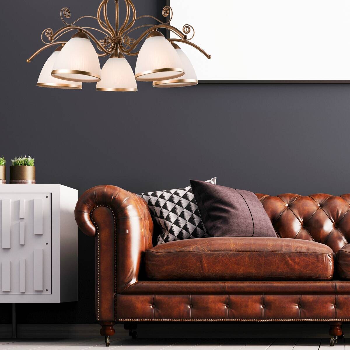 Lamkur Pendelleuchte Retro II braun Stahl Glas H/L: ca. 73x49 cm E27 5 Brennstellen