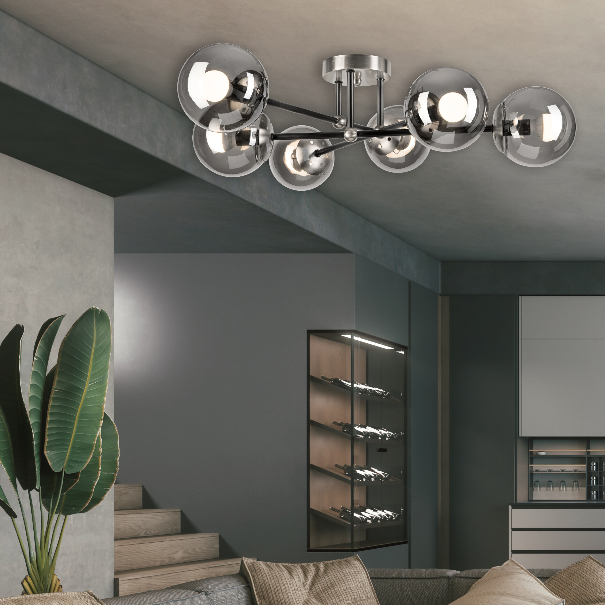 Lamkur Anbauleuchte Malena Chrom schwarz Glas Stahl B/H/L: ca. 64x20x64 cm E14 6 Brennstellen