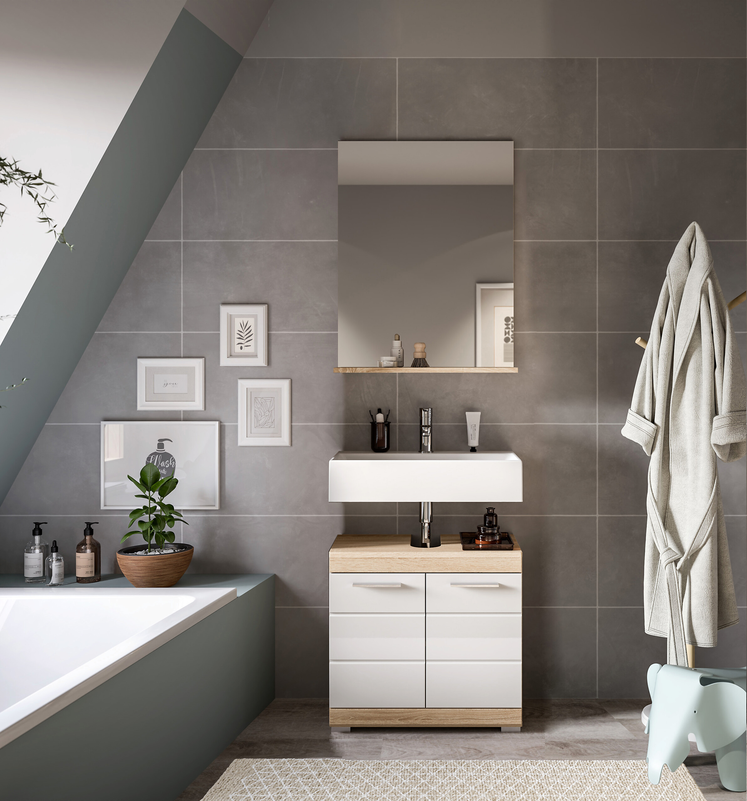 Badezimmer-Set Lambada Eiche Sonoma Nachbildung weiß Hochglanz B/H/T: ca. 60x191x34 cm