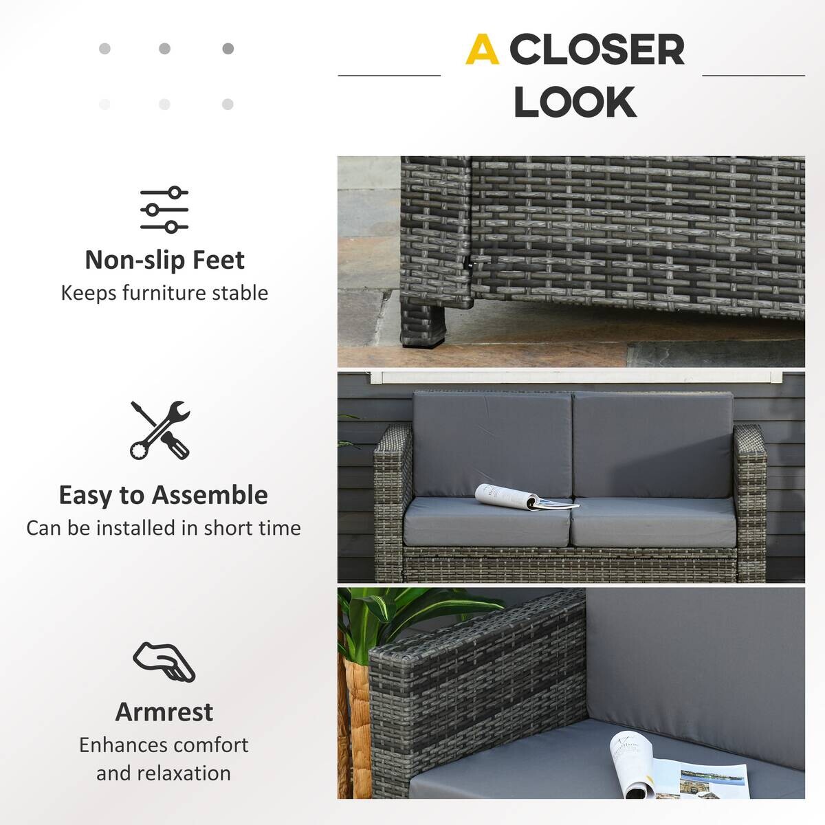 Outsunny Gartensofa grau Polyrattan B/H/L: ca. 70x130x80 cm