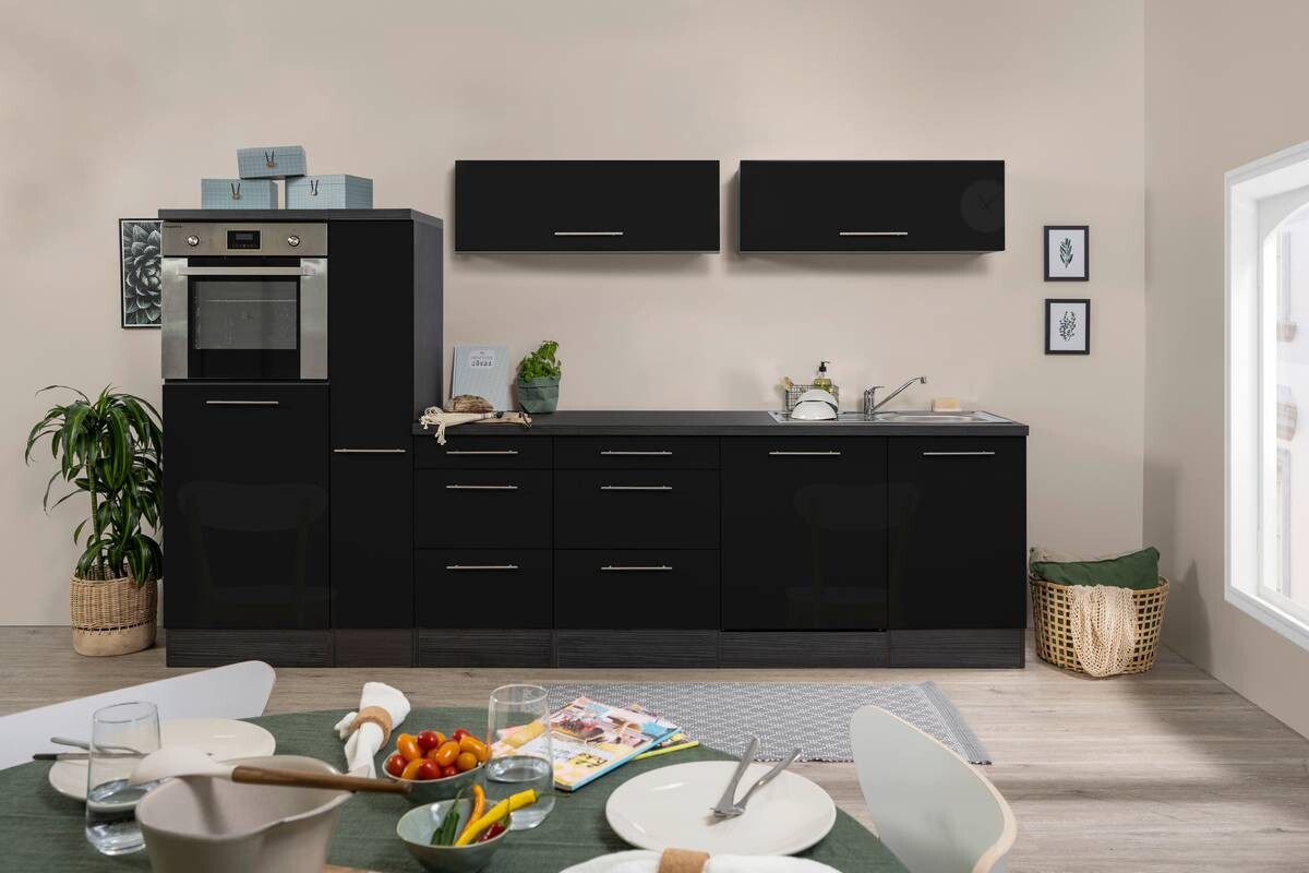 Respekta Inselküche Premium schwarz hochglänzend B/H/T: ca. 310x200x60 cm